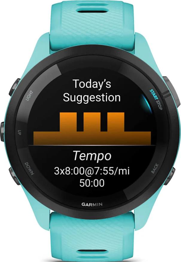 Türkisfarbene Garmin-Sportuhr zeigt 'Today's Suggestion' mit einem Tempo-Trainingsplan an.