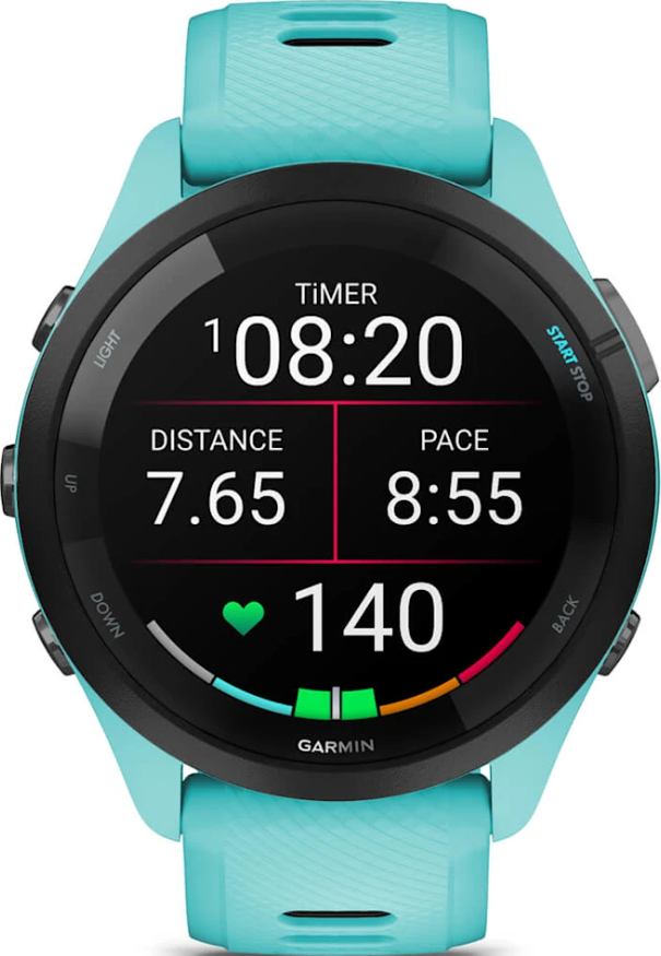 Türkisfarbene Garmin-Sportuhr mit schwarzem Rand und Zifferblatt, das Timer, Distanz, Pace und Herzfrequenz anzeigt.