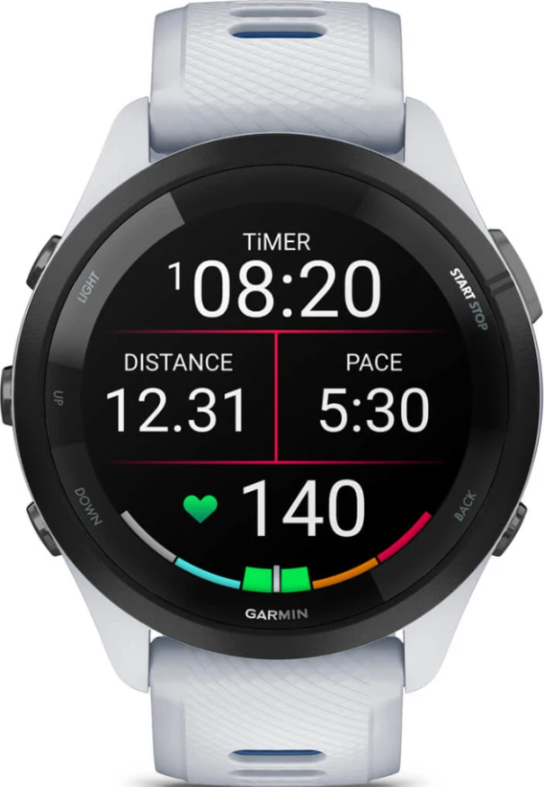 Eine Garmin-Sportuhr zeigt Timer, Distanz, Tempo und Herzfrequenz an.
