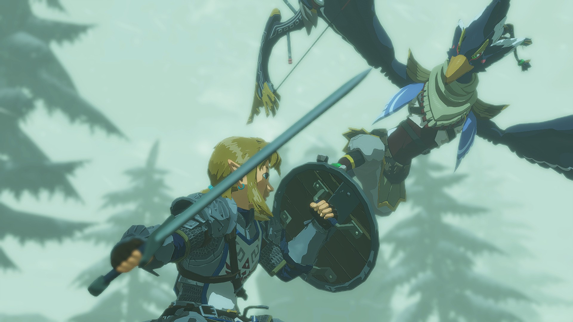 Link kämpft mit Schwert und Schild gegen eine vogelähnliche Figur mit Pfeil und Bogen im verschneiten Wald.