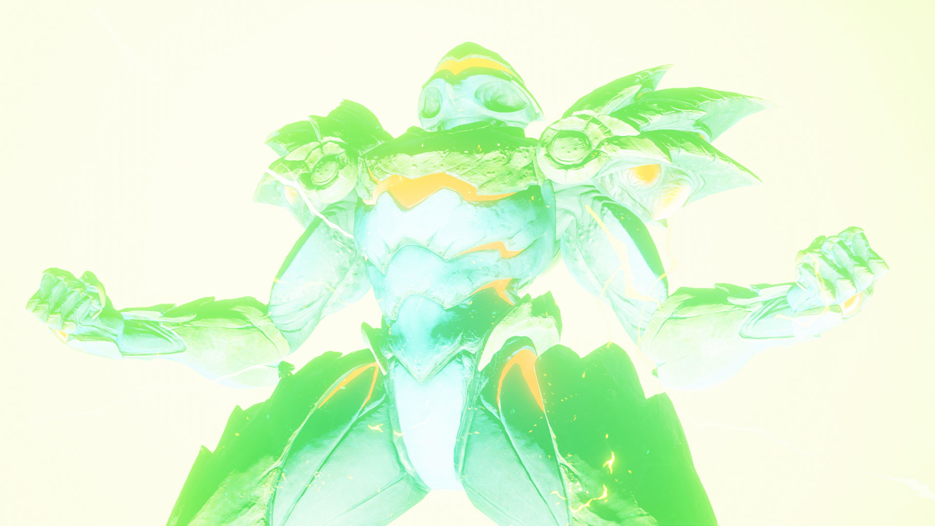 Un robot futuriste en armure verte serre les poings sur un fond lumineux.