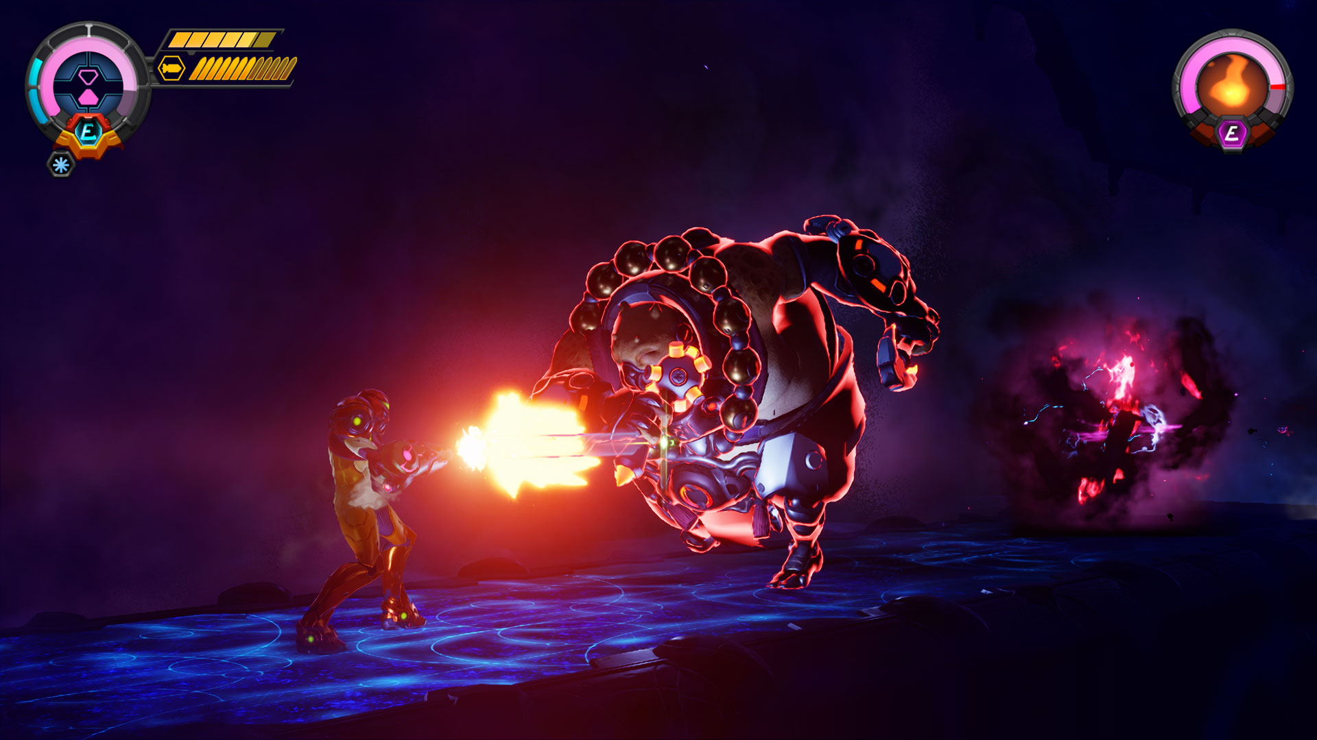 Un personnage en armure tire avec une arme sur un grand boss mécanique.