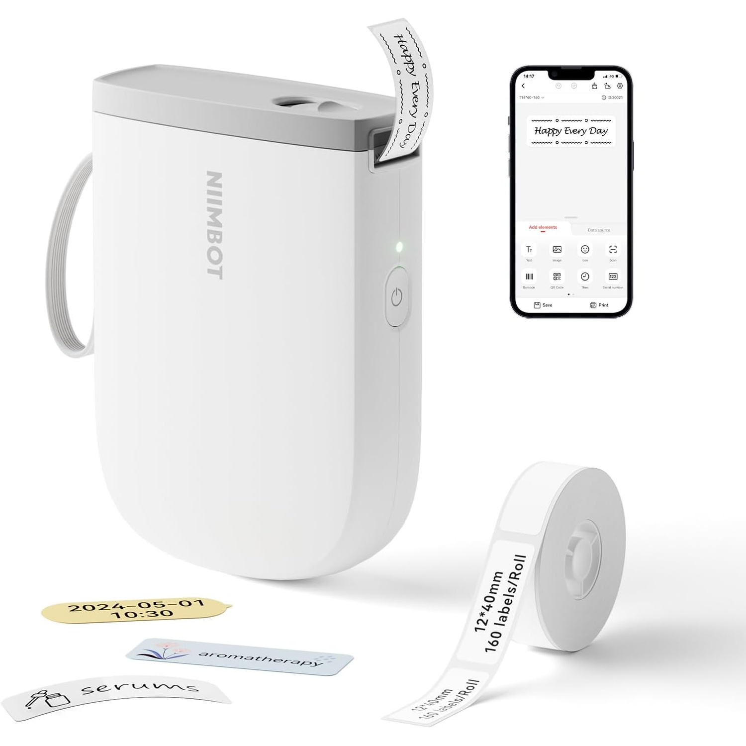 A white Niimbot label maker with smartphone app and label rolls.