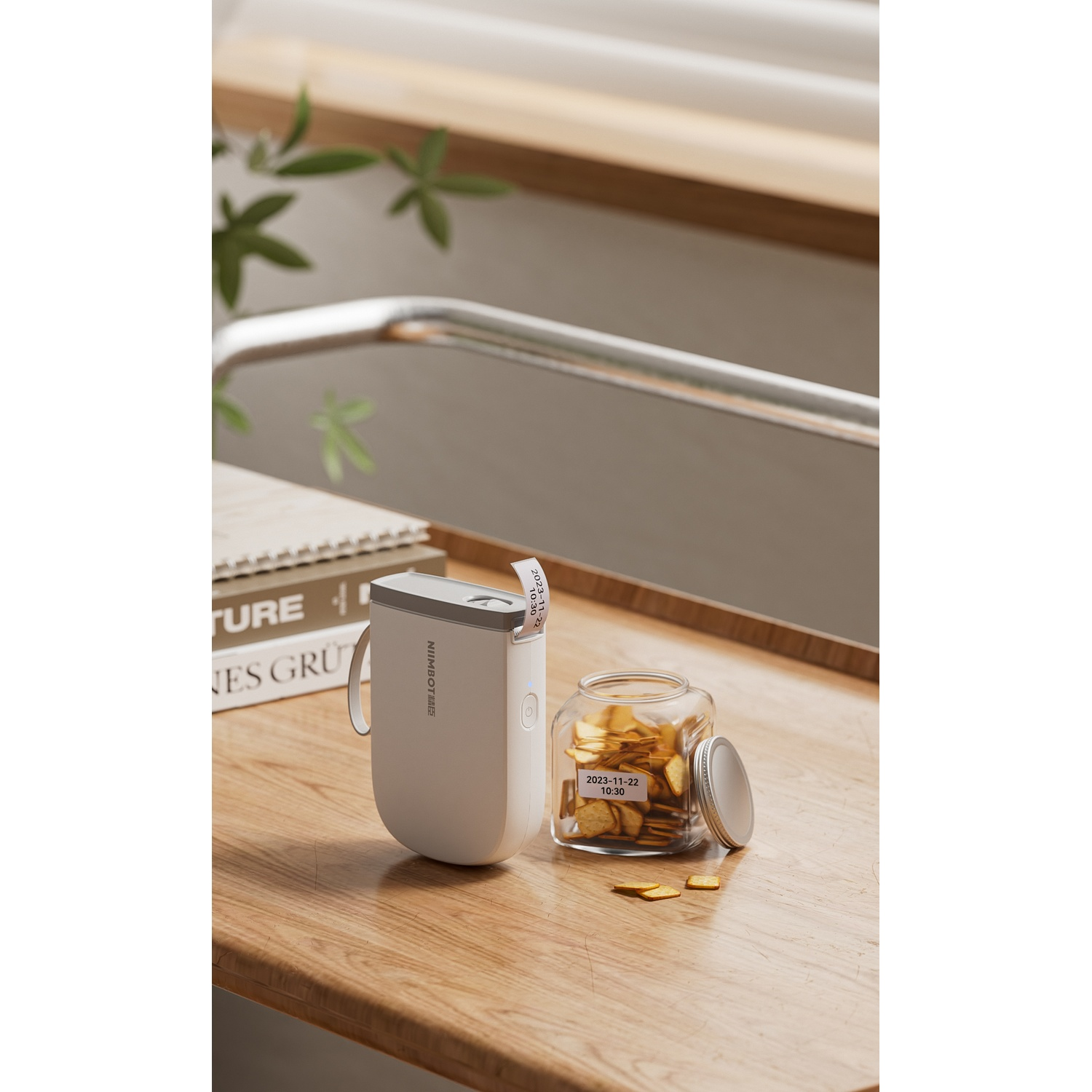 A white label printer on a wooden desk next to a glass jar filled with crackers, books, and a plant in the background.
