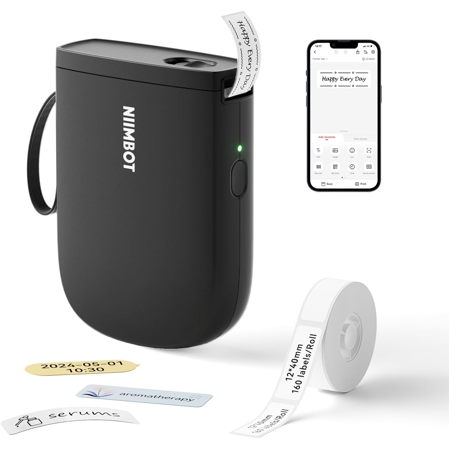 A black Niimbot label printer shown with a smartphone, label roll, and printed labels.