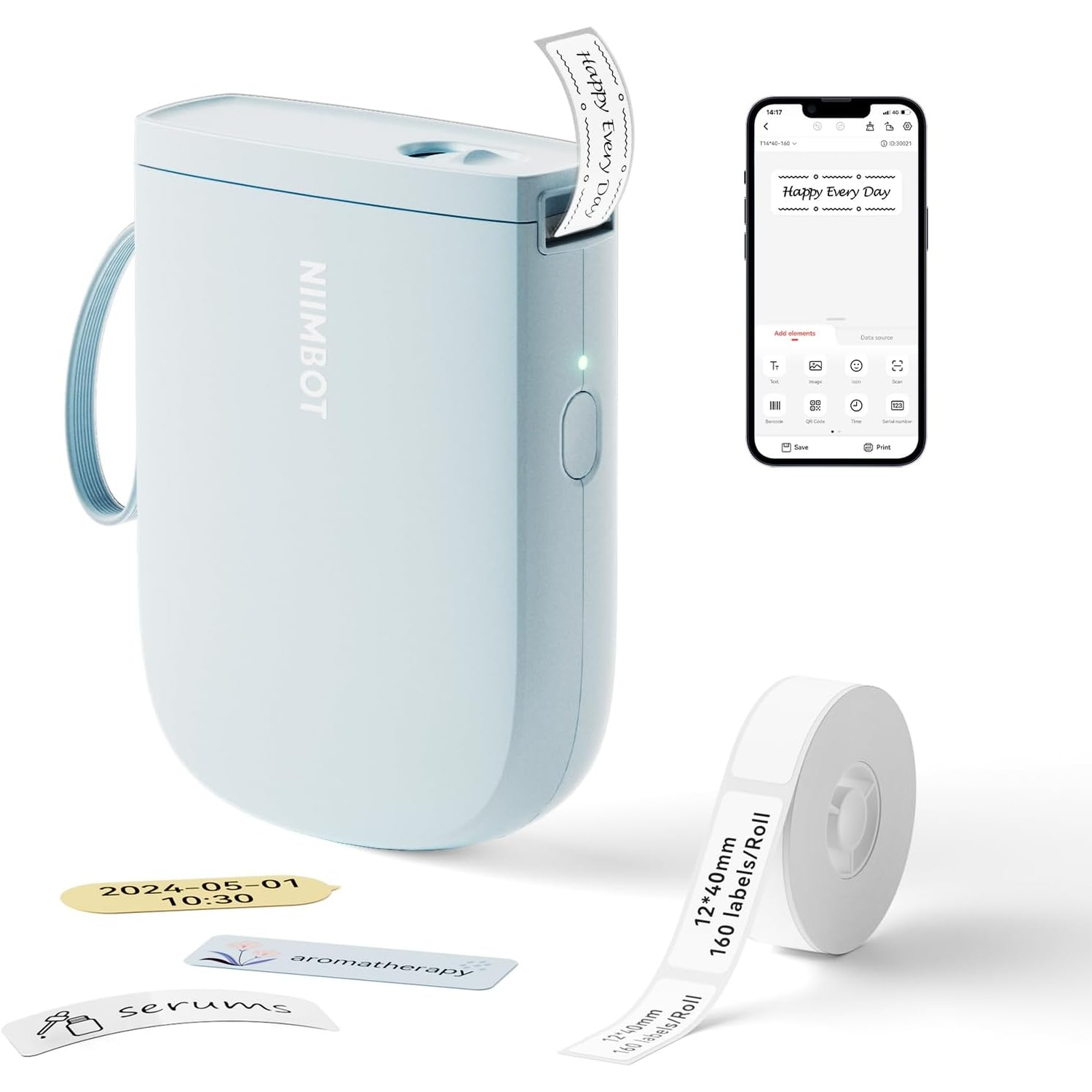 A light blue NiiMbot label printer with a smartphone app, label roll, and printed labels.