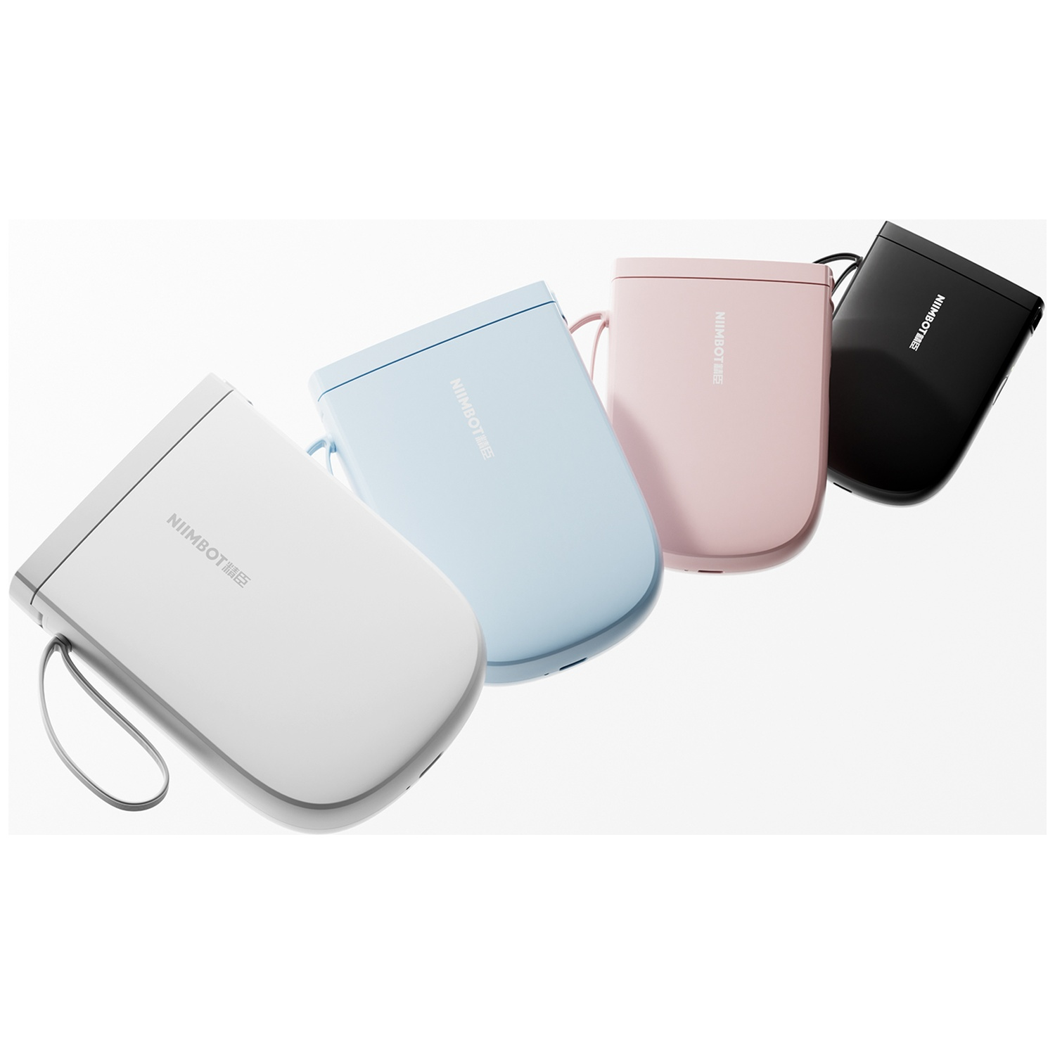 Four compact Niimbot label makers in white, light blue, pink, and black, arranged diagonally on a white background.