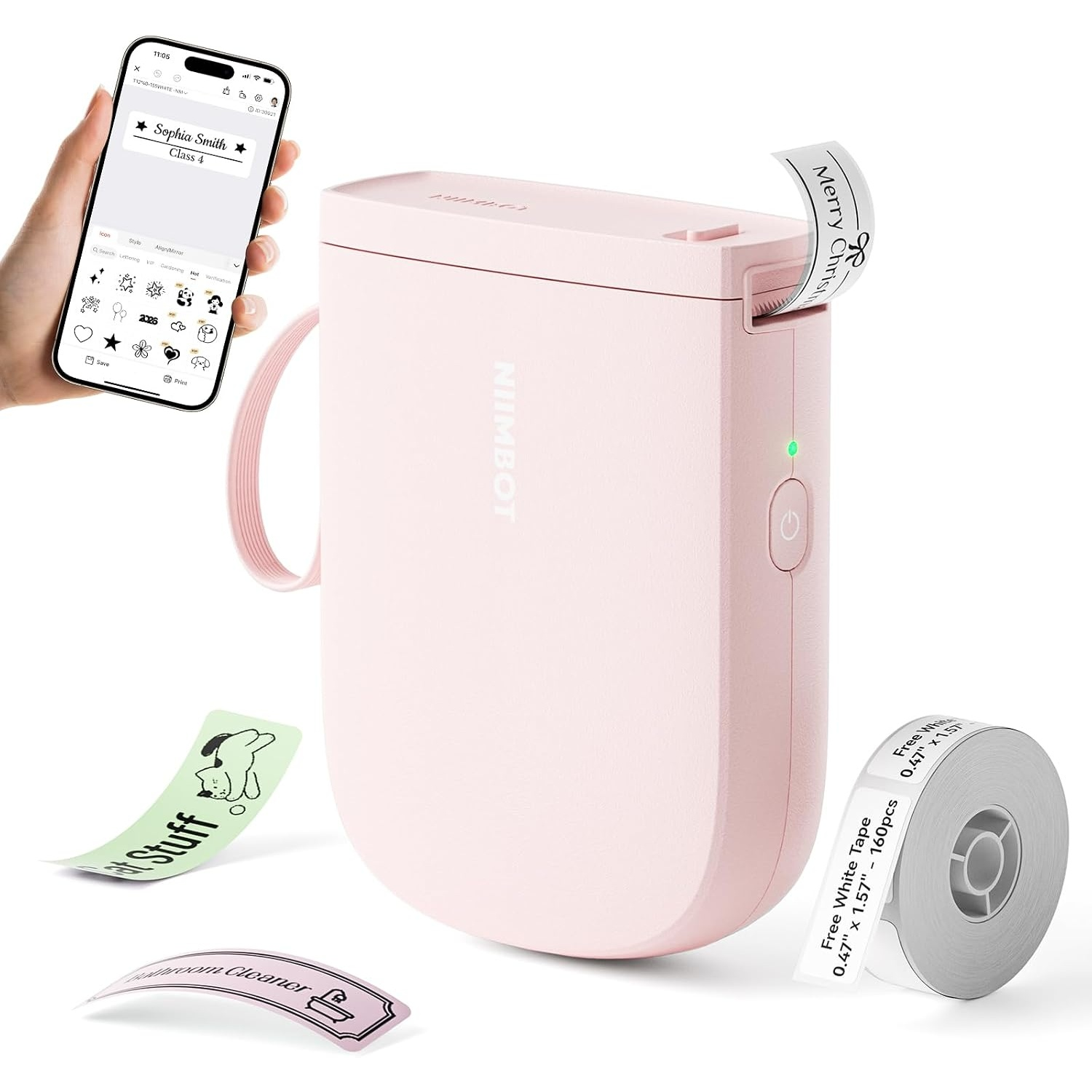 Pink label printer with smartphone, label roll, and printed label examples on a white background.