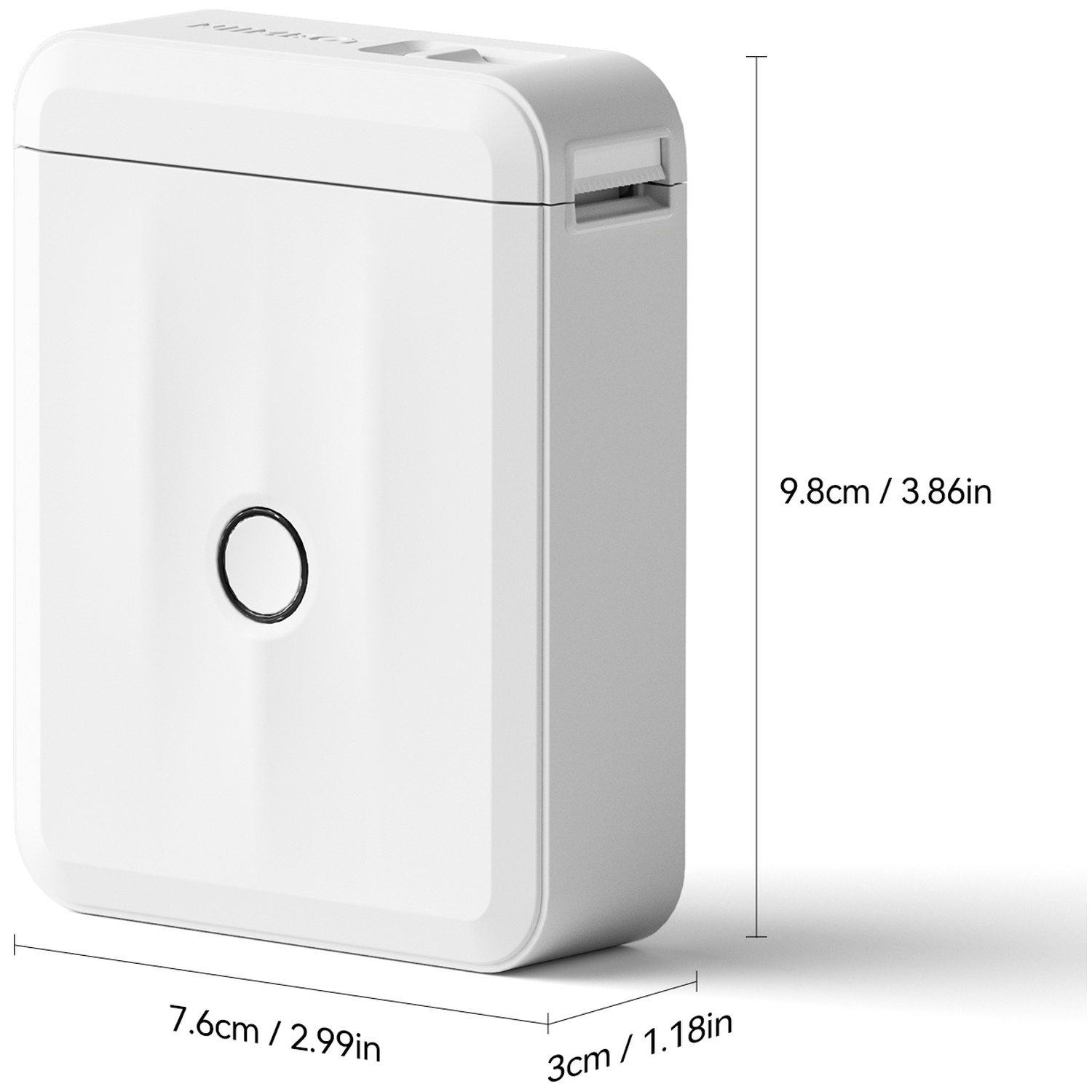 White portable thermal printer device with dimensions showing 9.8cm height, 7.6cm width, and 3cm depth.