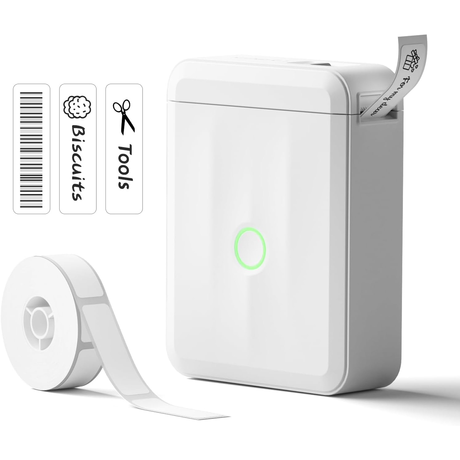 Portable white label printer with a paper roll and sample sticker designs.