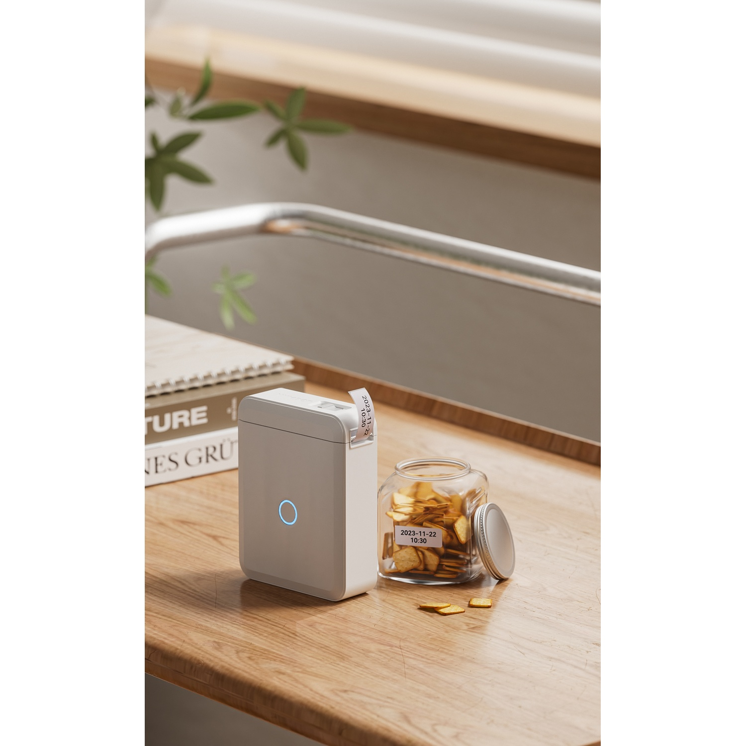 A white label printer with a glowing blue light sits on a wooden desk next to a labeled jar of crackers.