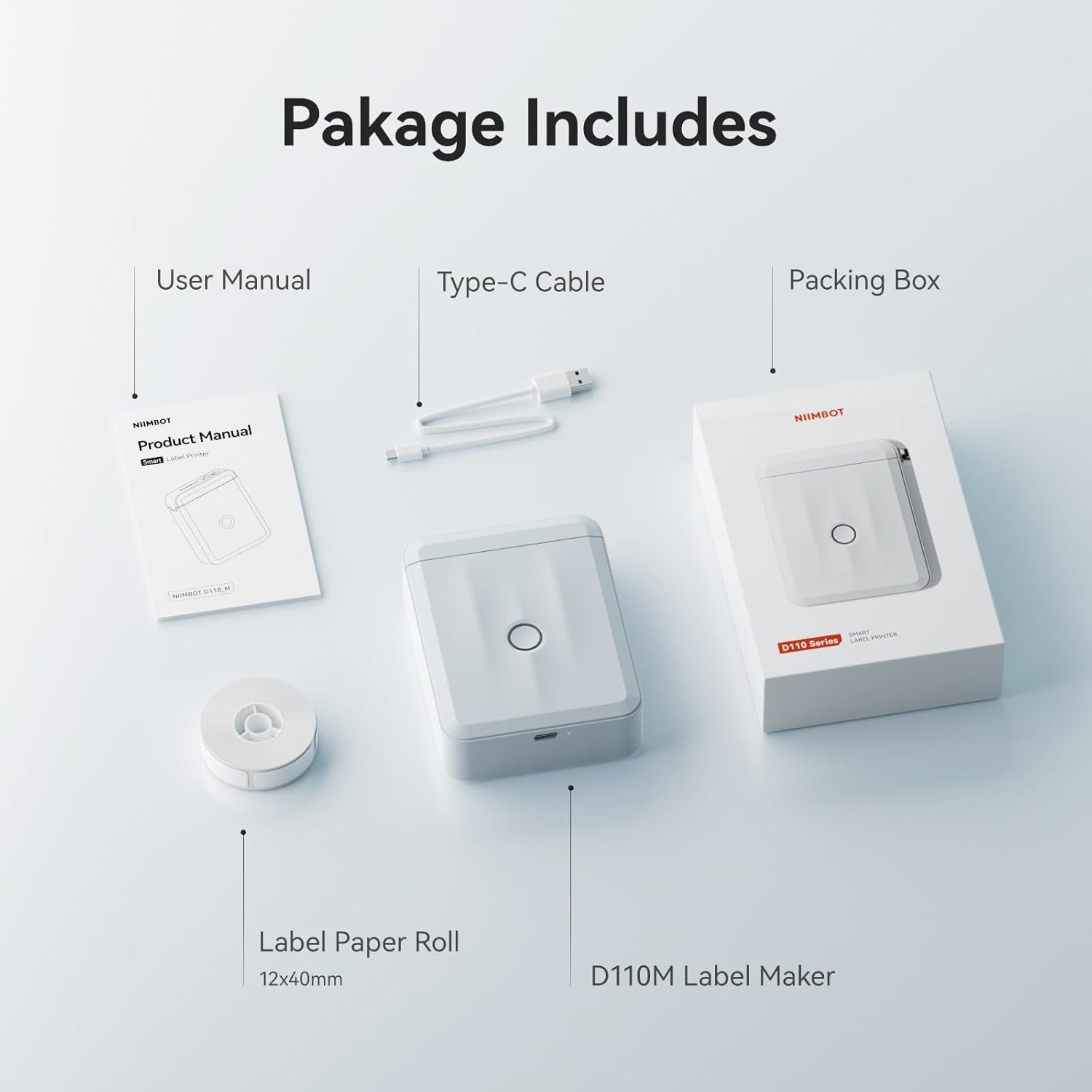 The image shows the package contents of a label printer, including device, cable, roll, manual, and box.