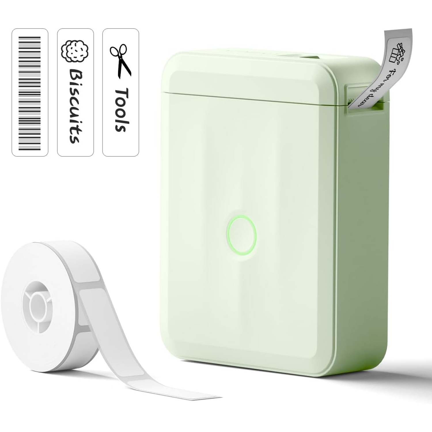 A light green handheld label maker with a white label roll and sample labels on a white background.