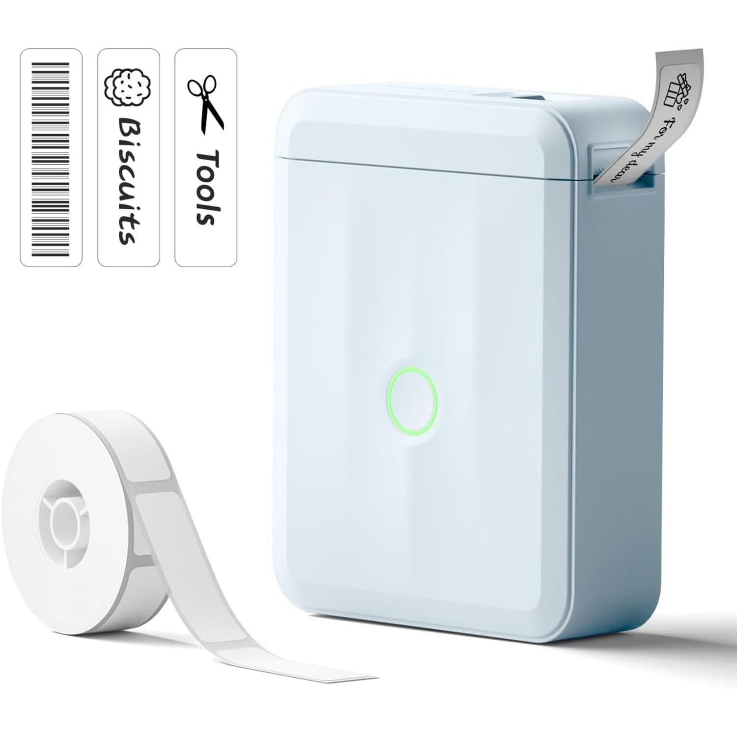 Portable light blue label maker with a paper roll and printed examples.
