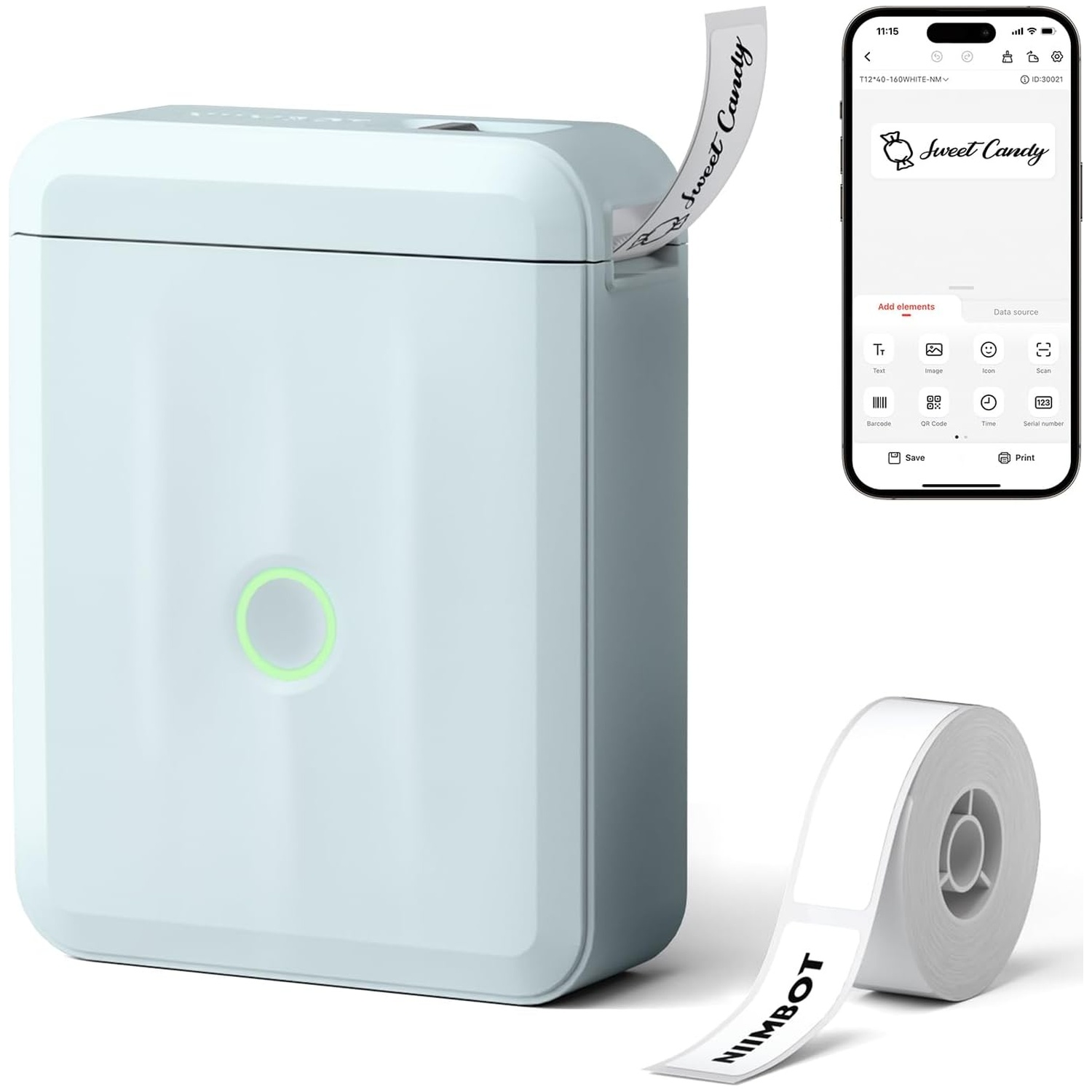 A light blue label printer, a label roll, and a smartphone displaying the design app.