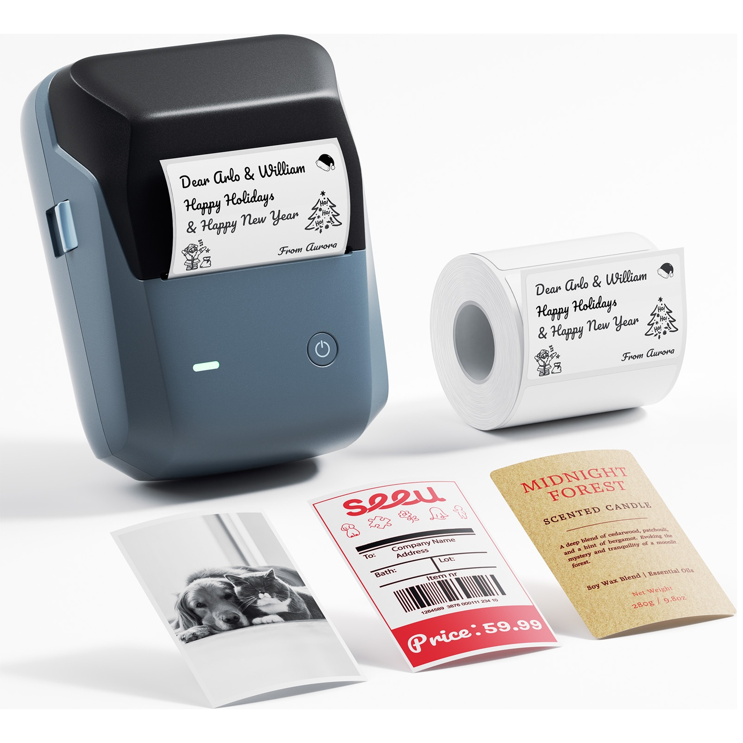 Portable blue mini printer with printed labels, a photo, and a candle label displayed on a white background.