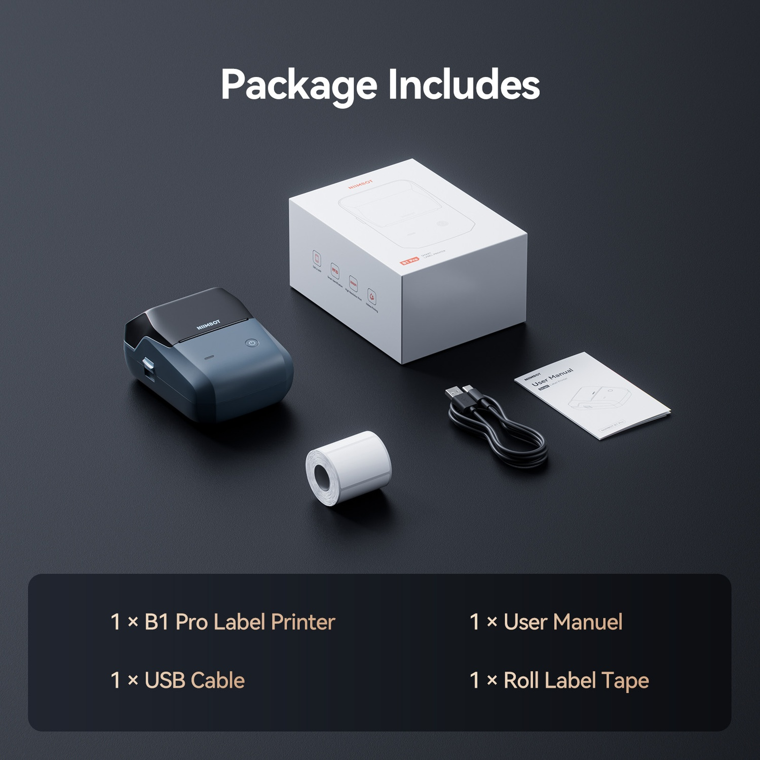 Package contents: B1 Pro label printer, USB cable, label roll, user manual.