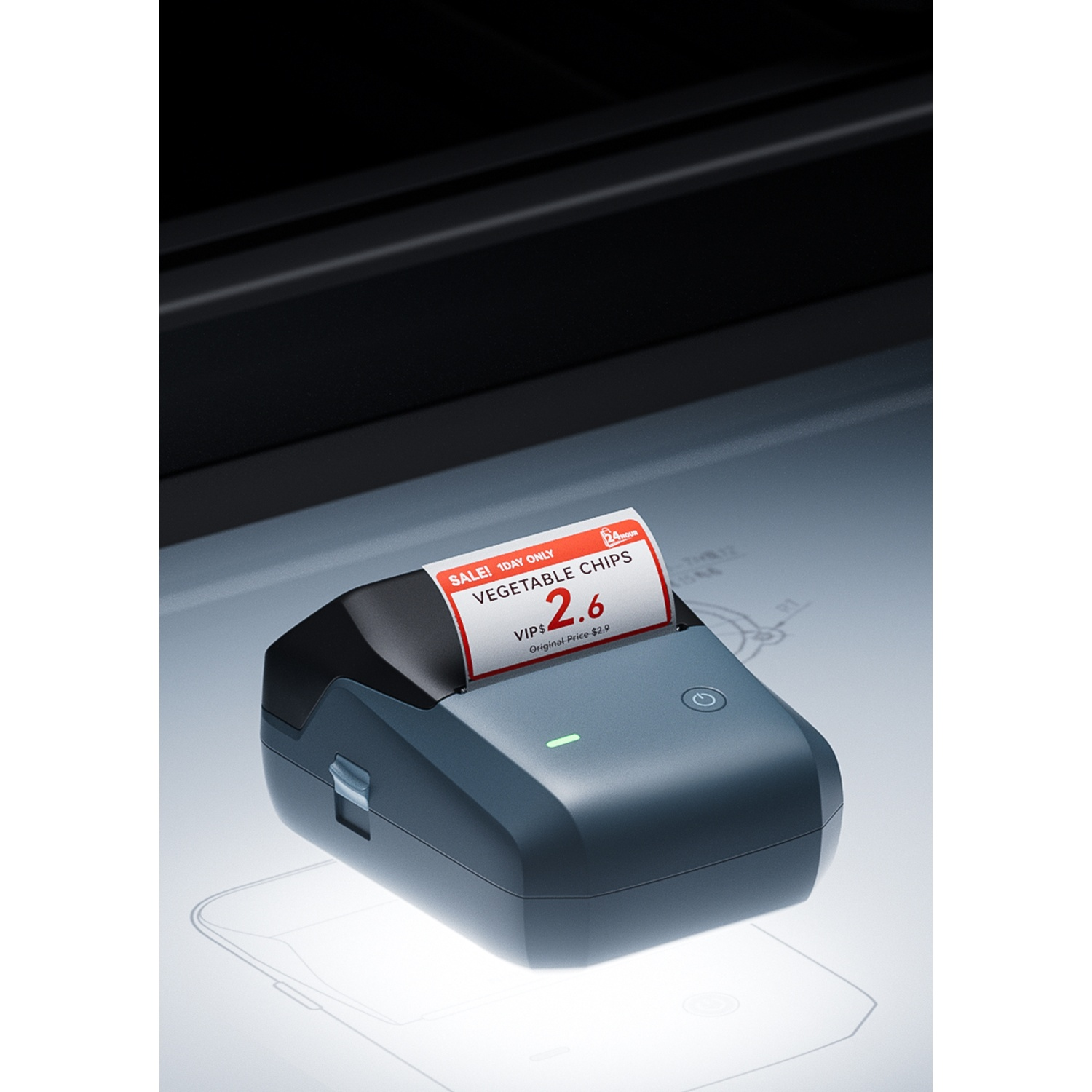 A dark blue mini receipt printer prints a price label for vegetable chips on a glowing surface.
