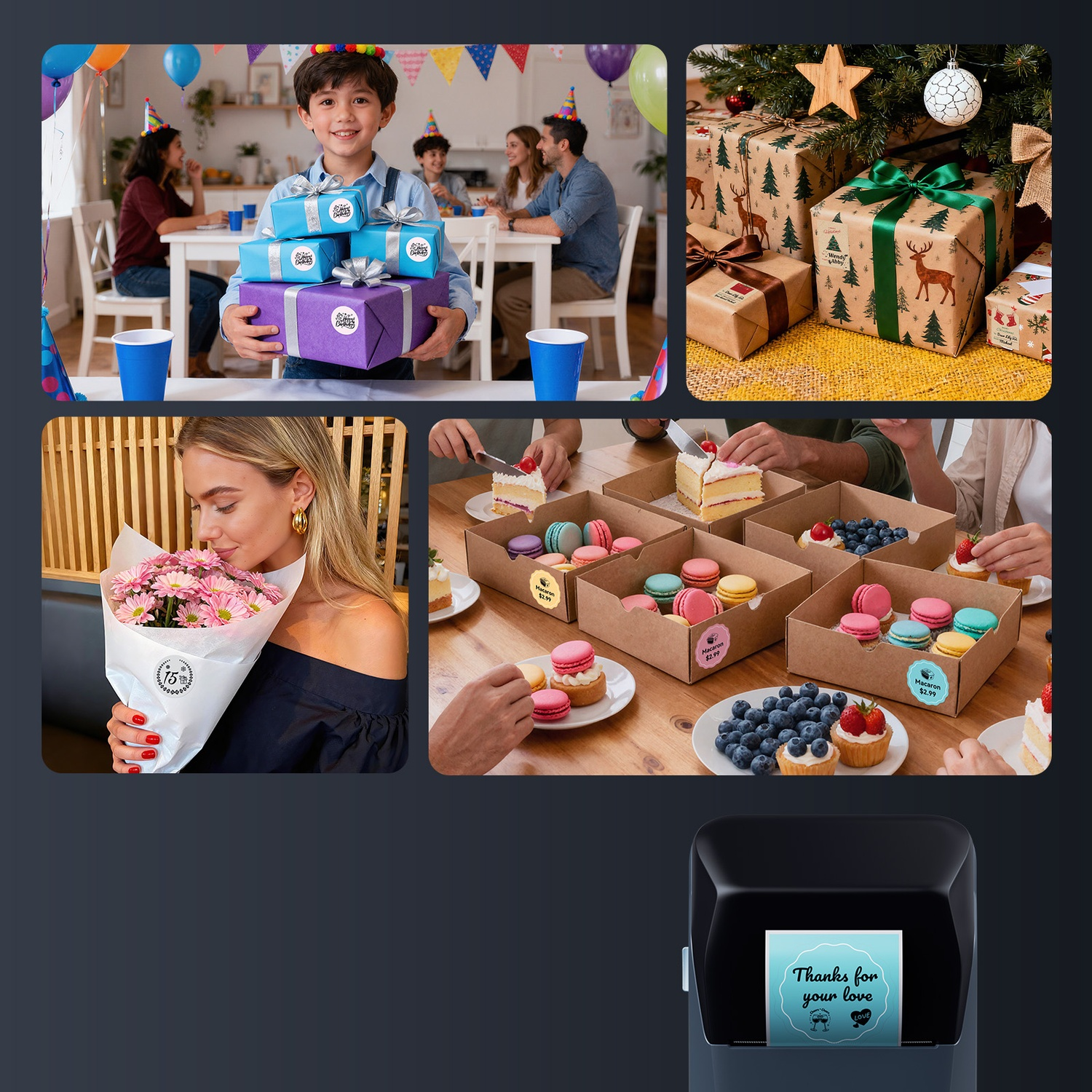 Collage of birthday party, gifts, flowers, boxes of macarons, and a label printer.