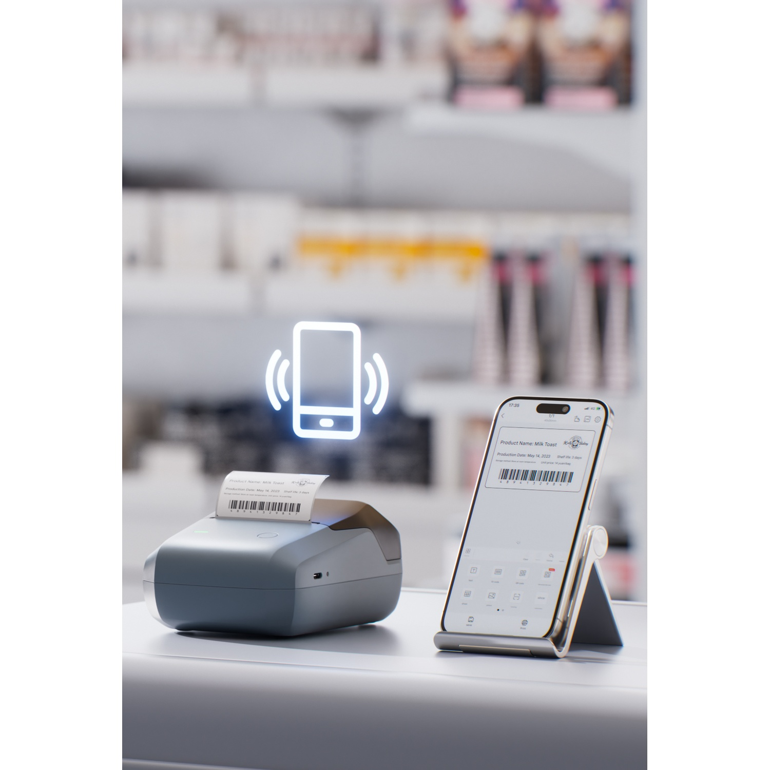 A smartphone and a small receipt printer on a store counter with a glowing phone icon above.