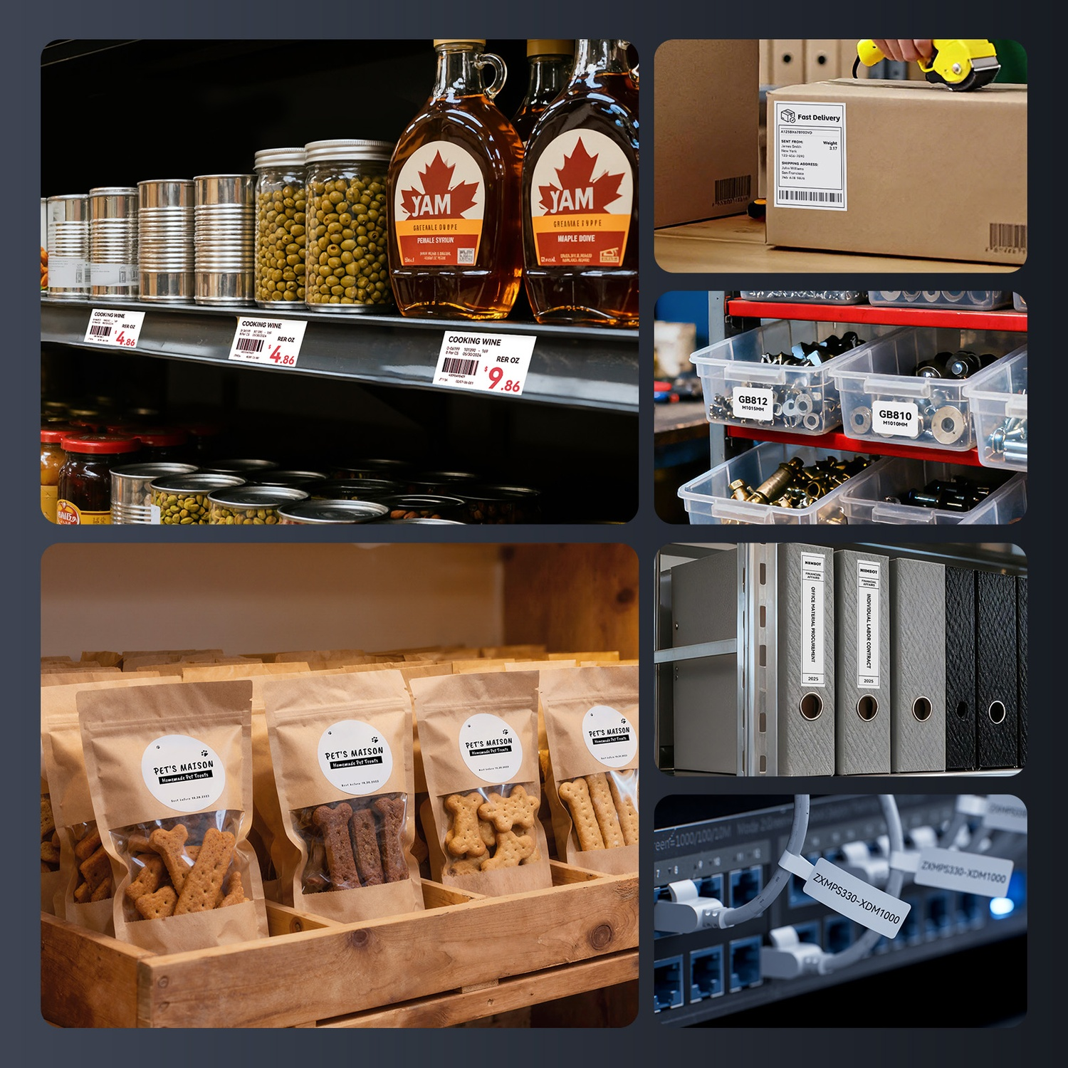 A collage showing labels on products, shelves, shipping boxes, and office binders.