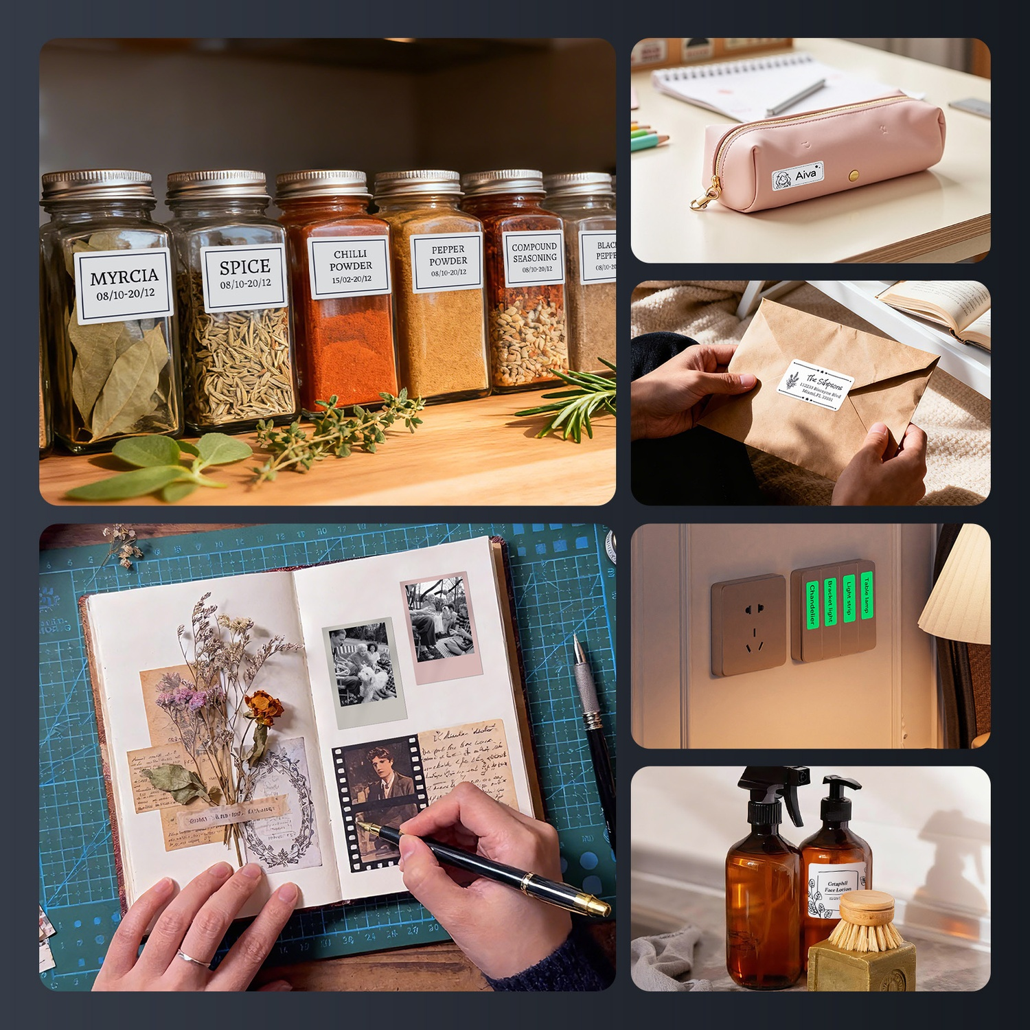 Various label use cases on jars, a pencil case, envelope, notebook, wall switches, and bottles.