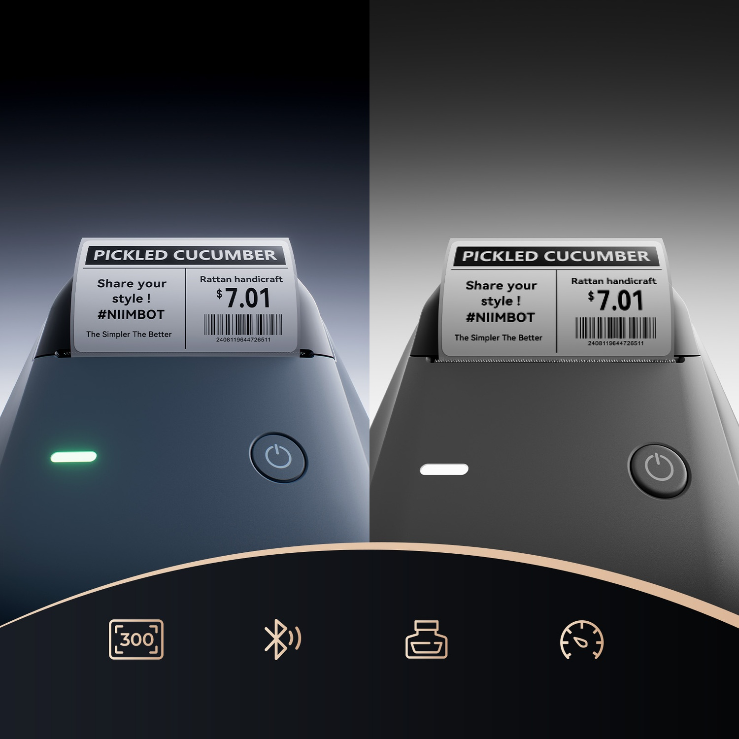 Two compact label printers display printed price tags with barcodes.