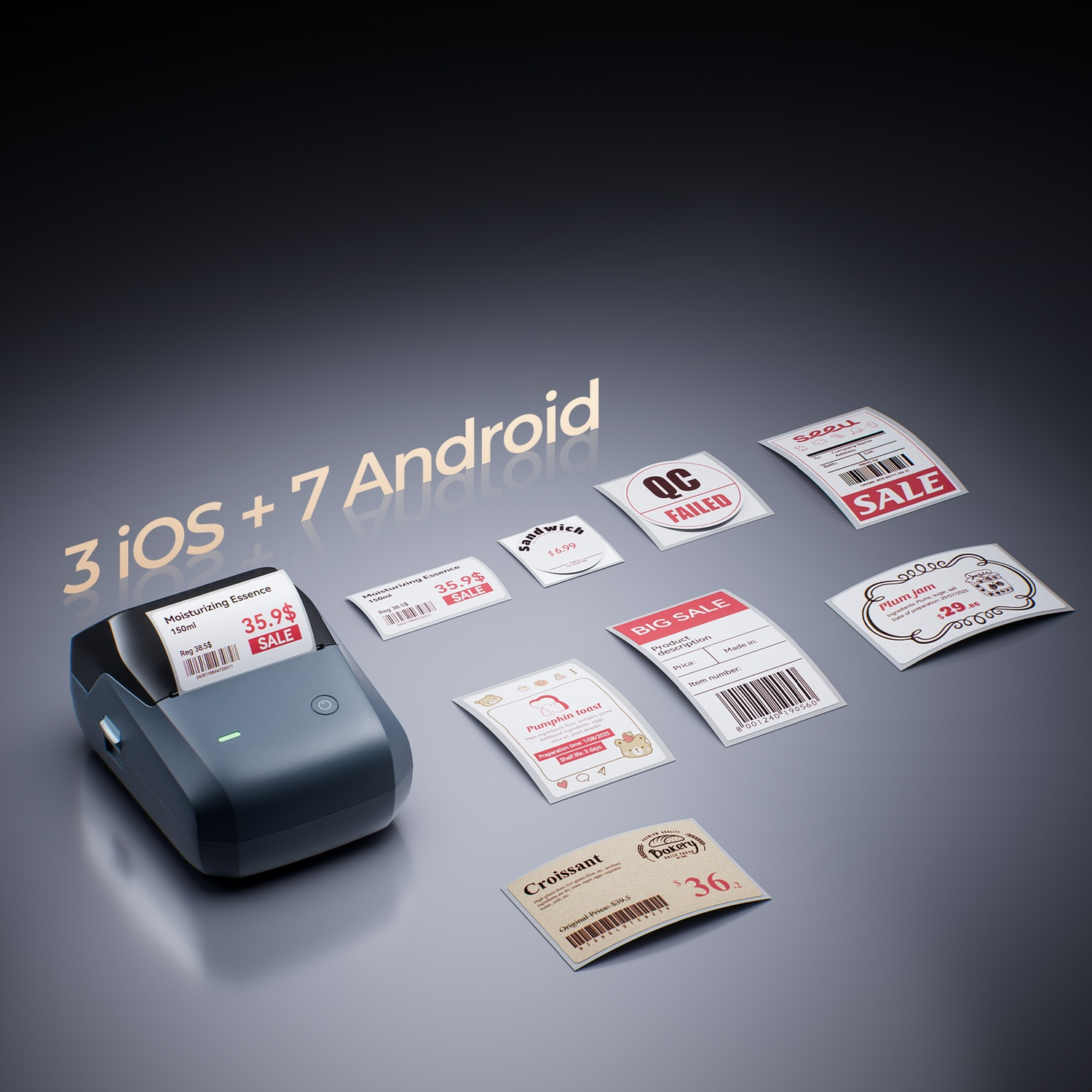 Portable receipt printer with printed labels for food, sales, and QC on a gray surface.