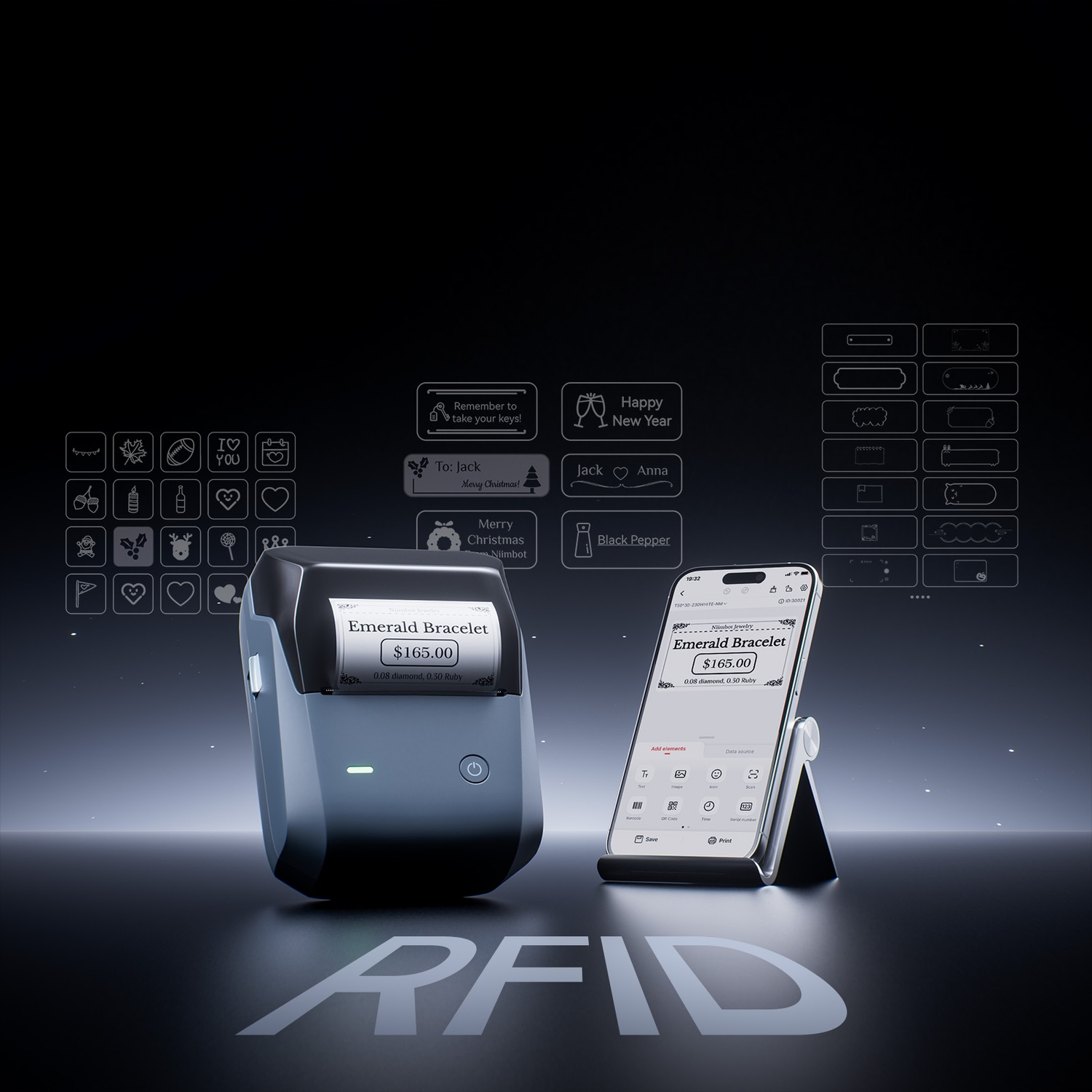 A small label printer and a smartphone showing label design on a dark table with RFID text below.