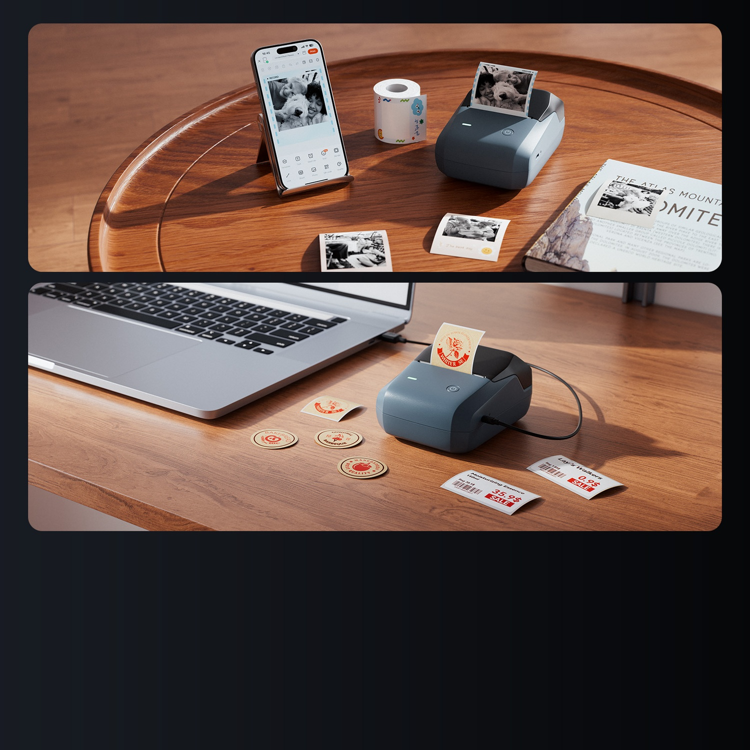 A small blue printer on a wooden desk, printing photos from a smartphone and stickers next to a laptop.
