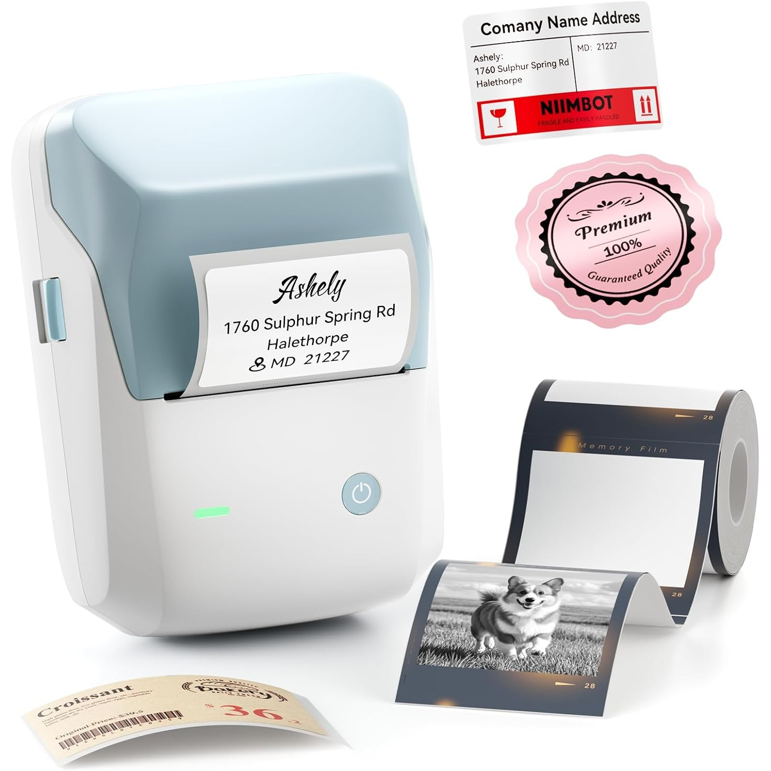 Portable white and blue label printer with printed samples and label rolls.