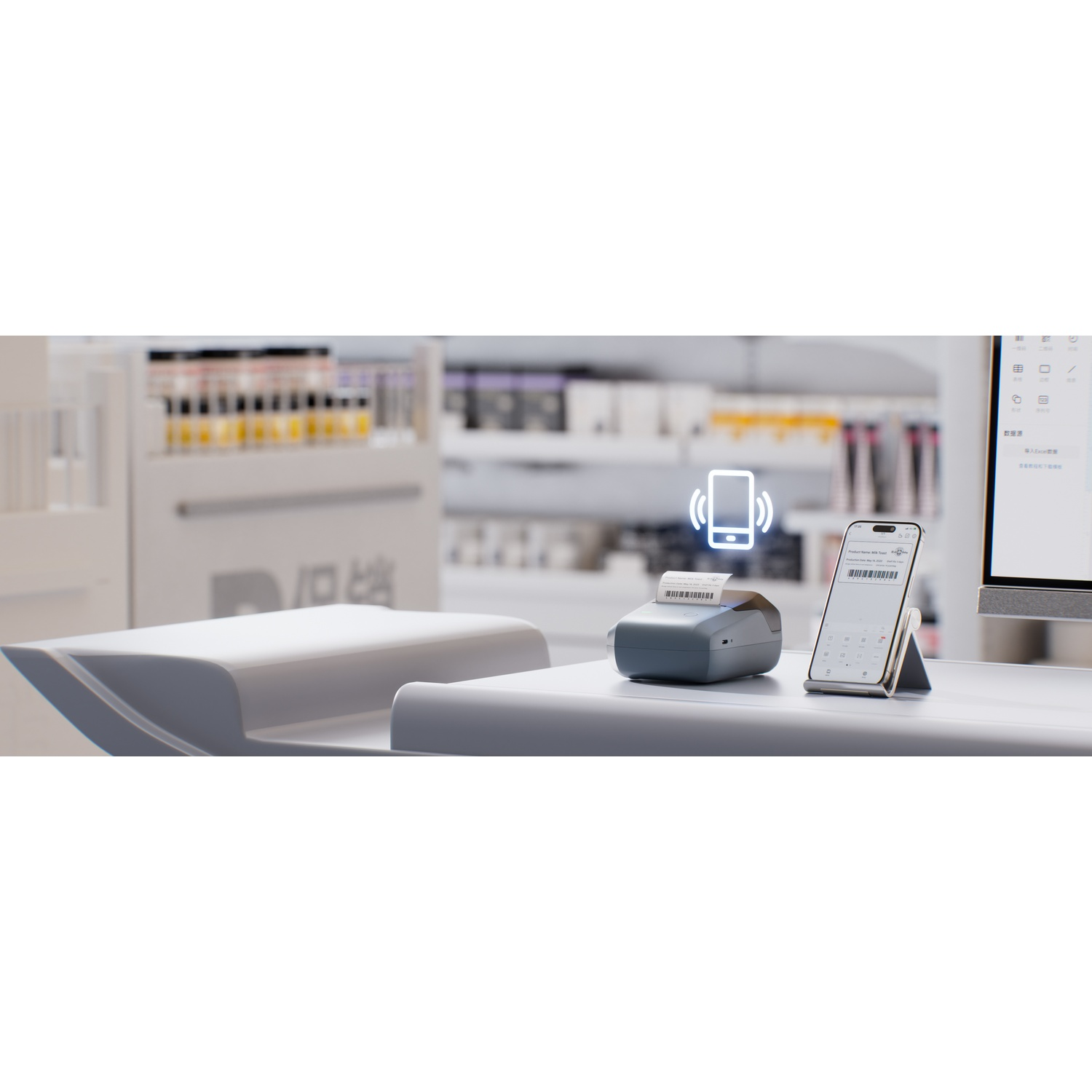 A POS system with a mobile label printer and a smartphone on a store counter.