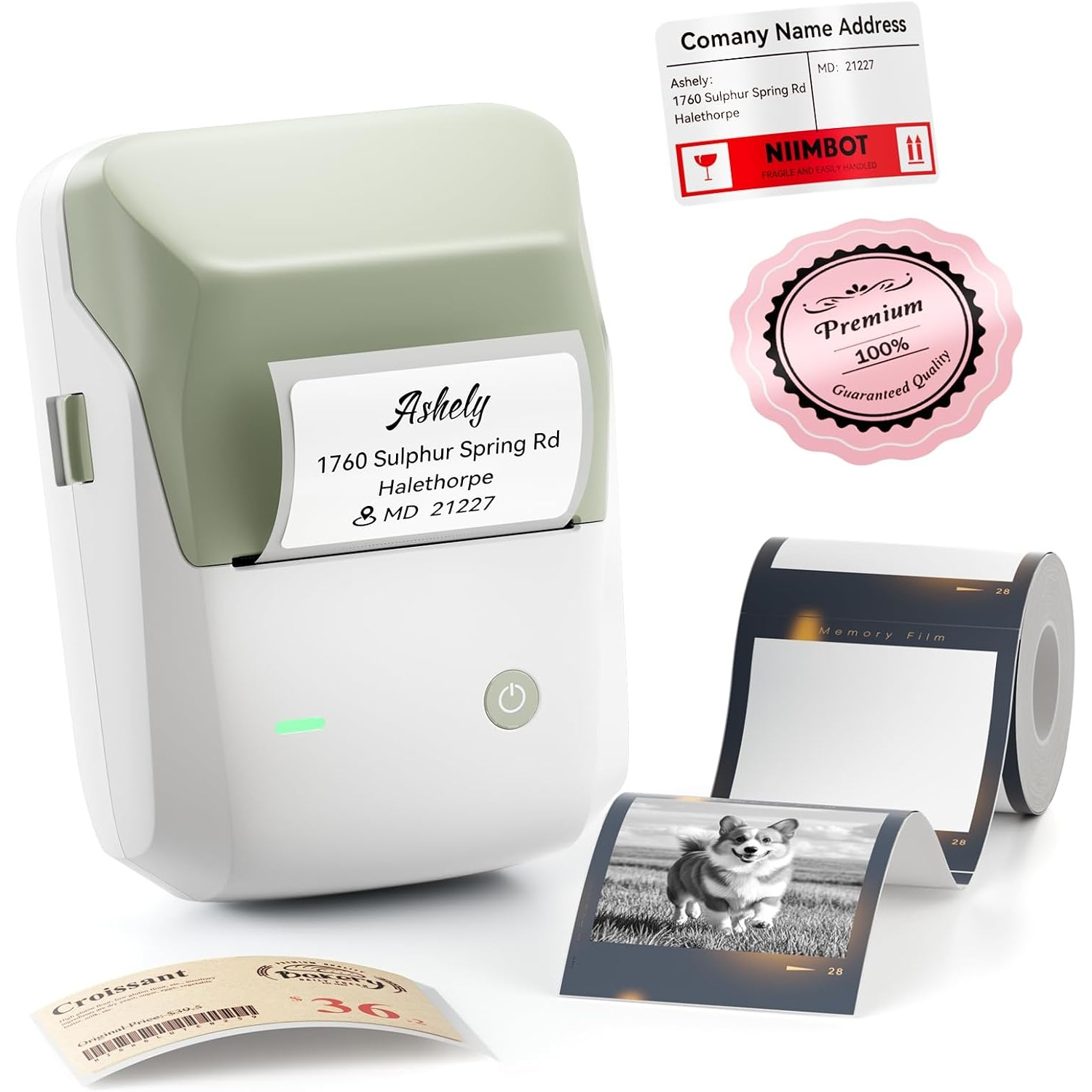 Portable white label printer shown with printed address and photo labels.