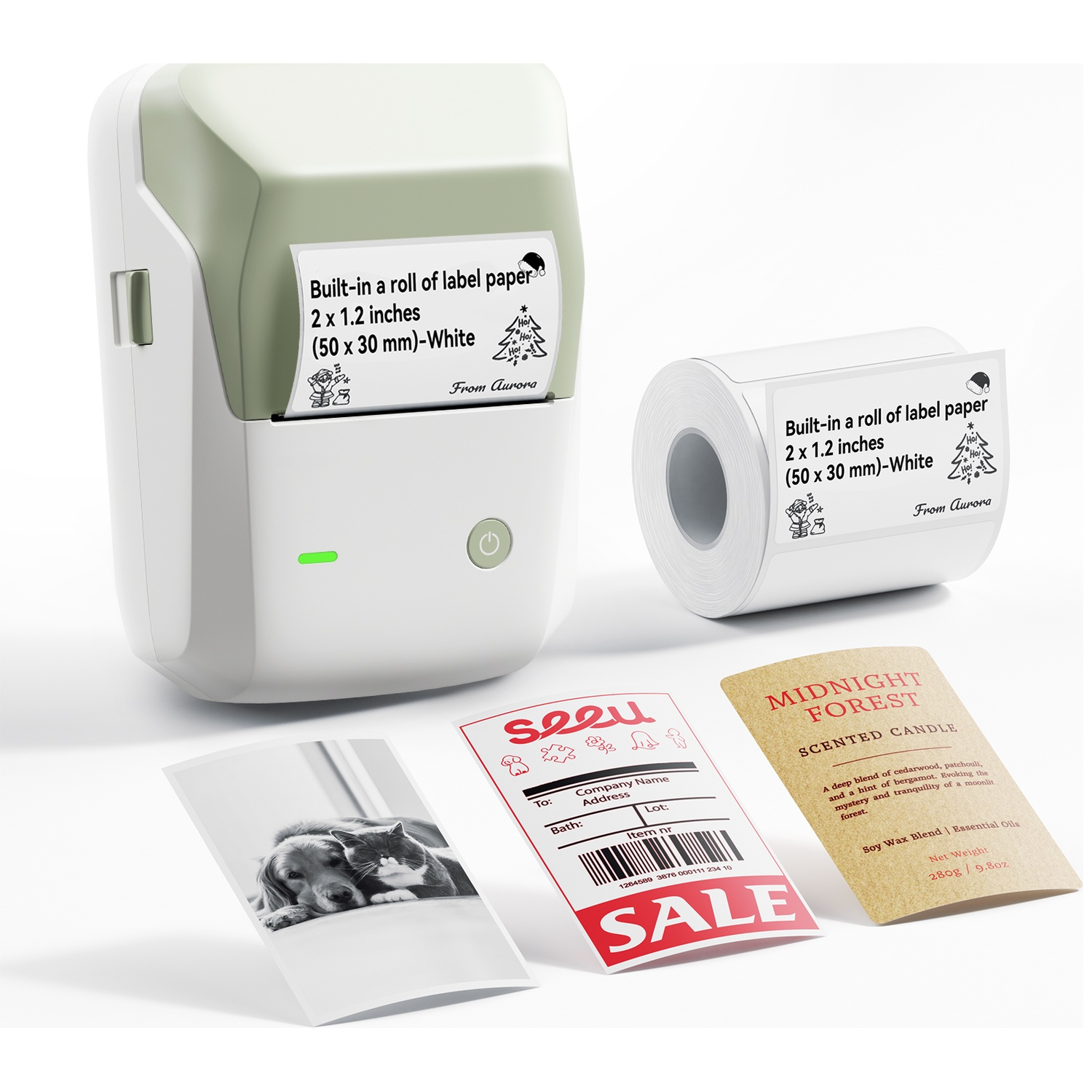 Compact white and pale green mini printer with thermal paper roll, printed labels, and photo samples on white surface.