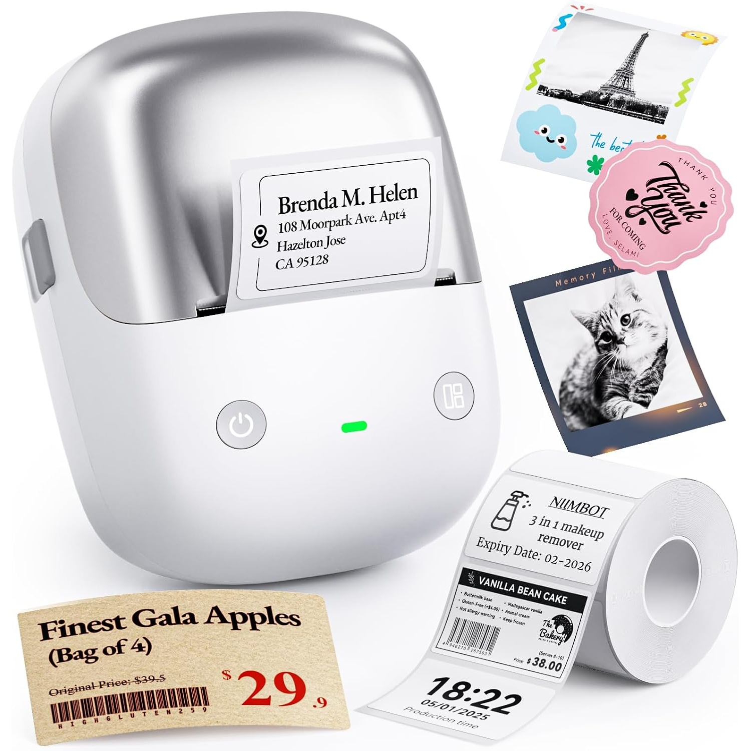 Portable white label printer with printed sample labels and a roll of stickers.