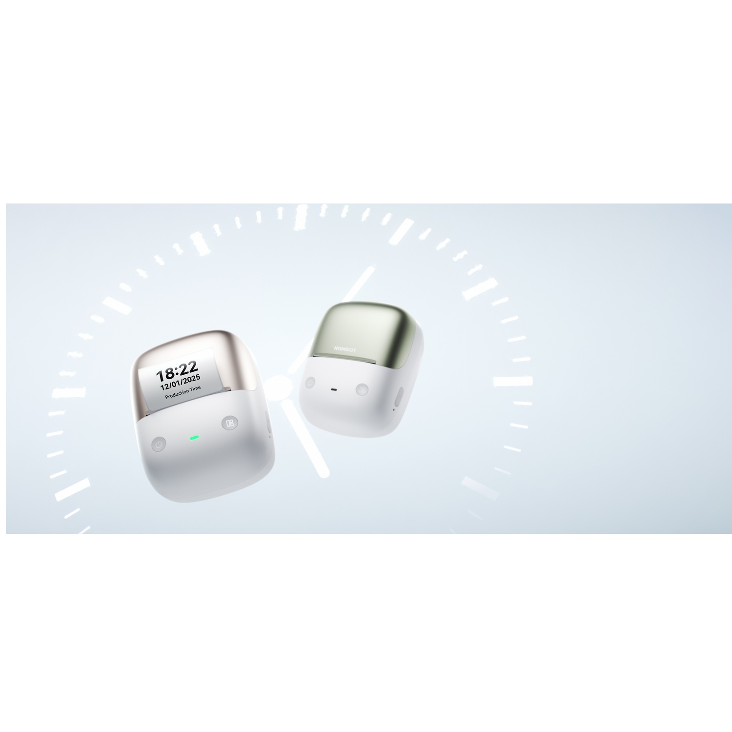 Two white label printers float against a light blue background with a subtle clock face design.