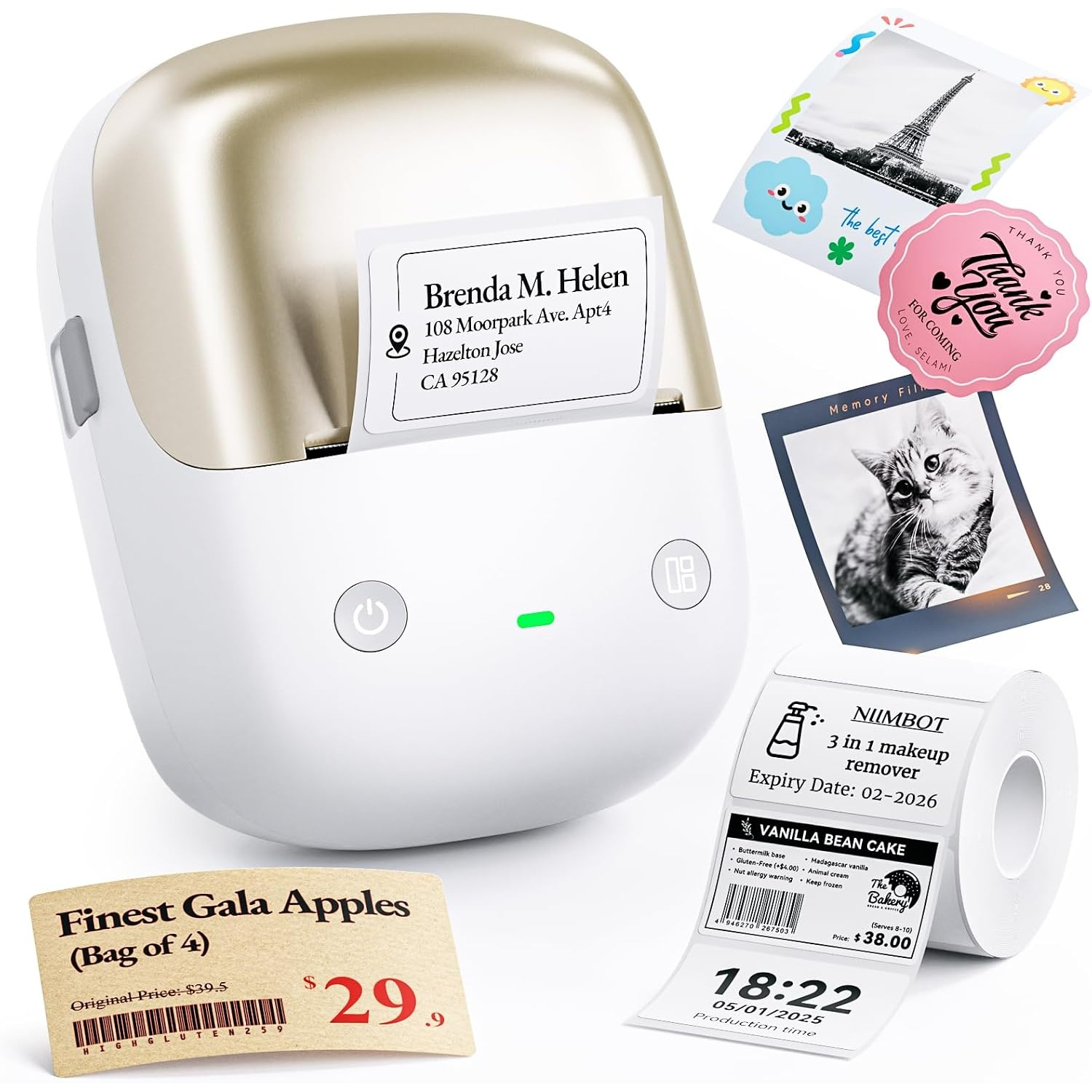 Portable white mini label printer with printed labels and sample stickers.
