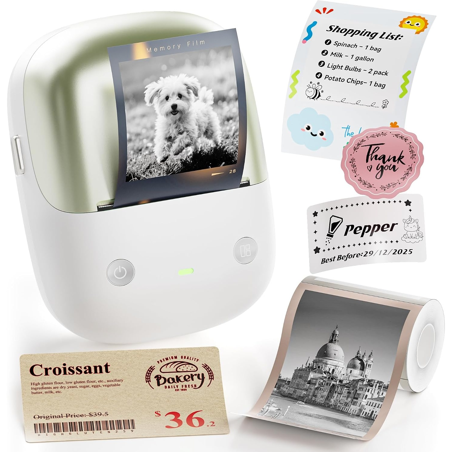 Portable white mini printer displaying printed photos, shopping lists, and labels.