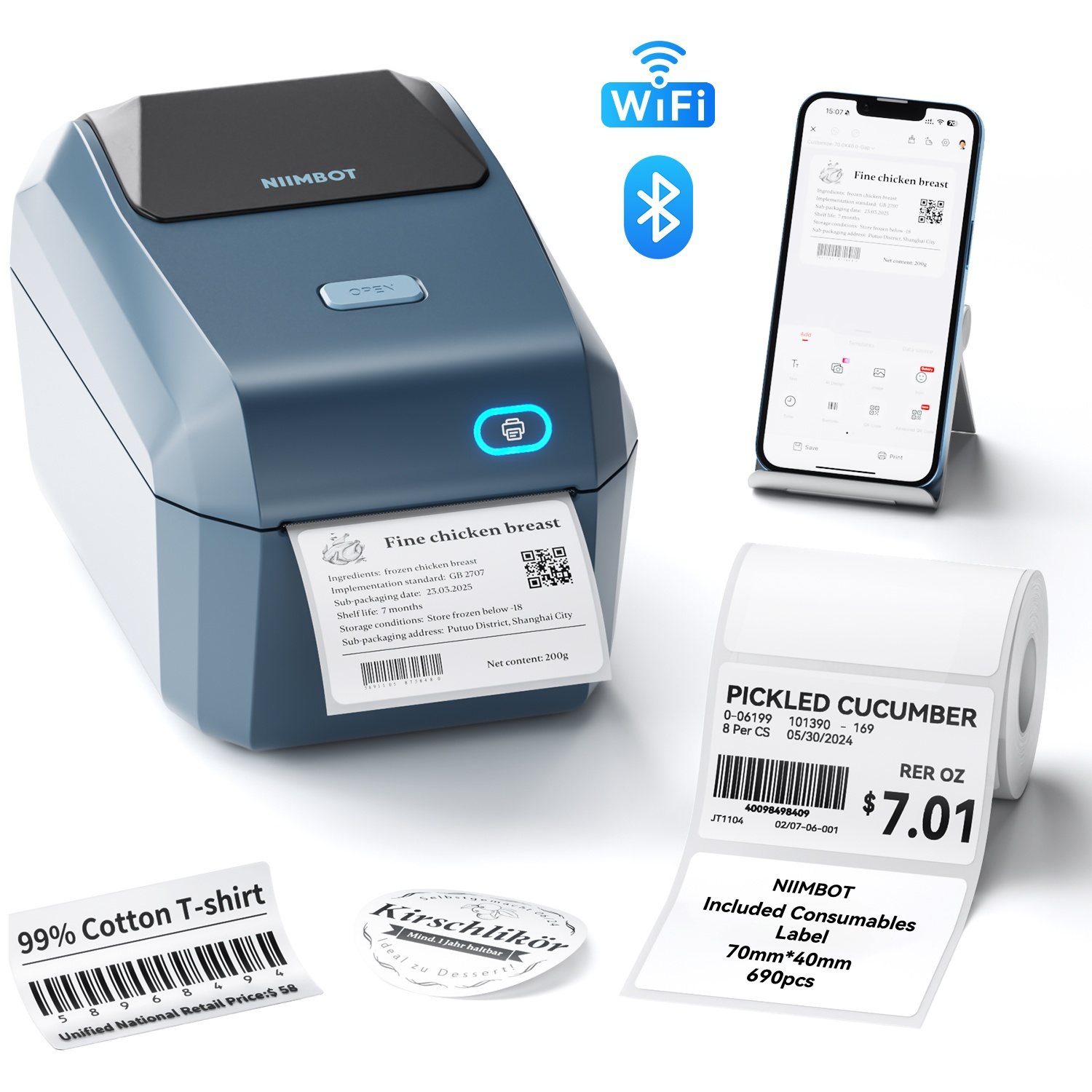A blue Niimbot label printer with smartphone and various printed labels.