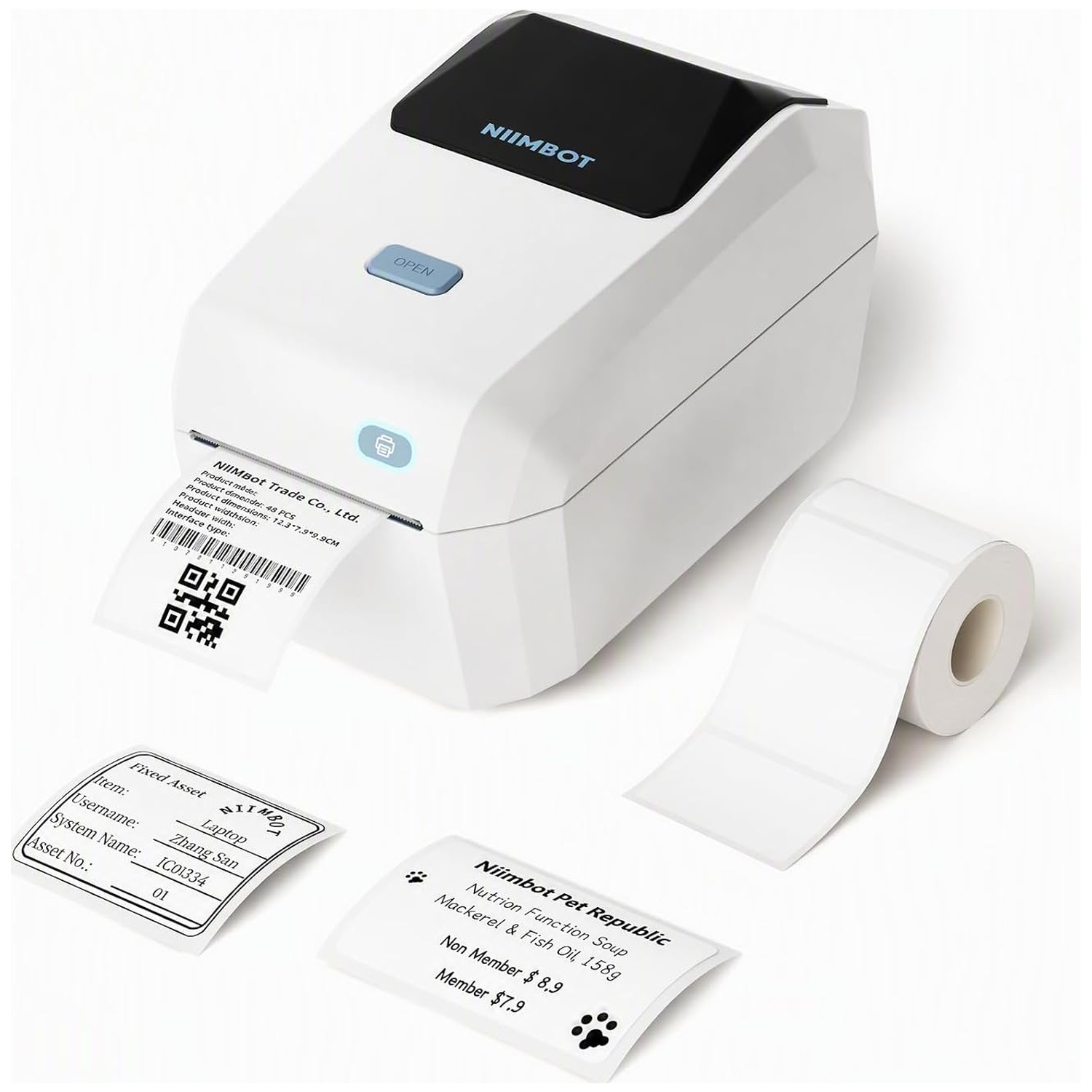 A white Niimbot label printer prints a label, with a roll of white paper and two printed labels nearby.
