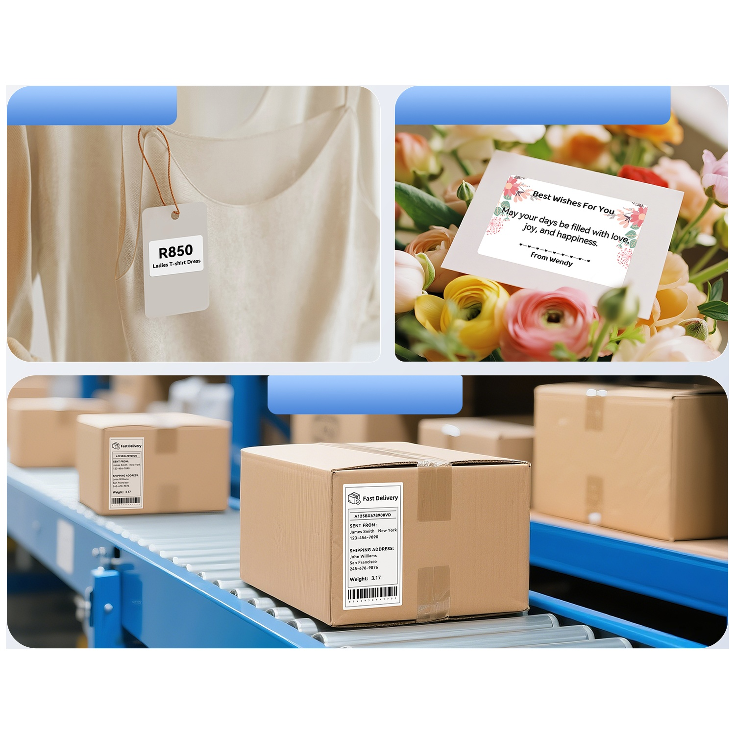 A clothing item with a price tag, a greeting card amid flowers, and boxes on a conveyor belt.