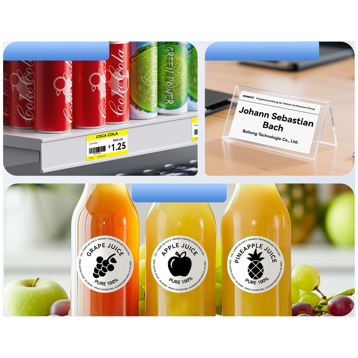 Beverage cans on a shelf, a desk nameplate, and three glass bottles of fruit juice.