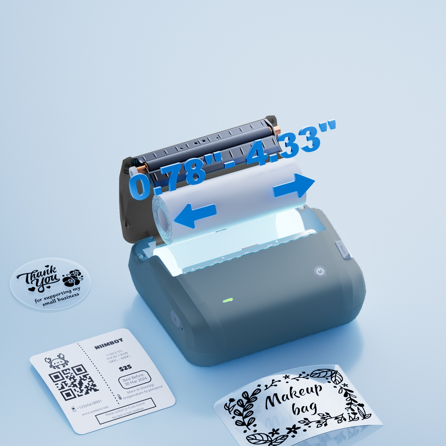 A grey label printer with dimensions 0.78 inches to 4.33 inches, shown with sample labels on a light blue background.