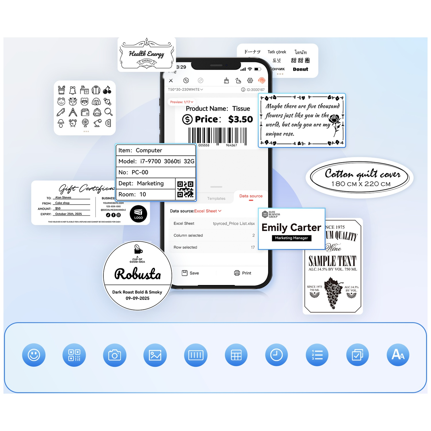A label printing app on a smartphone surrounded by various sample label designs.