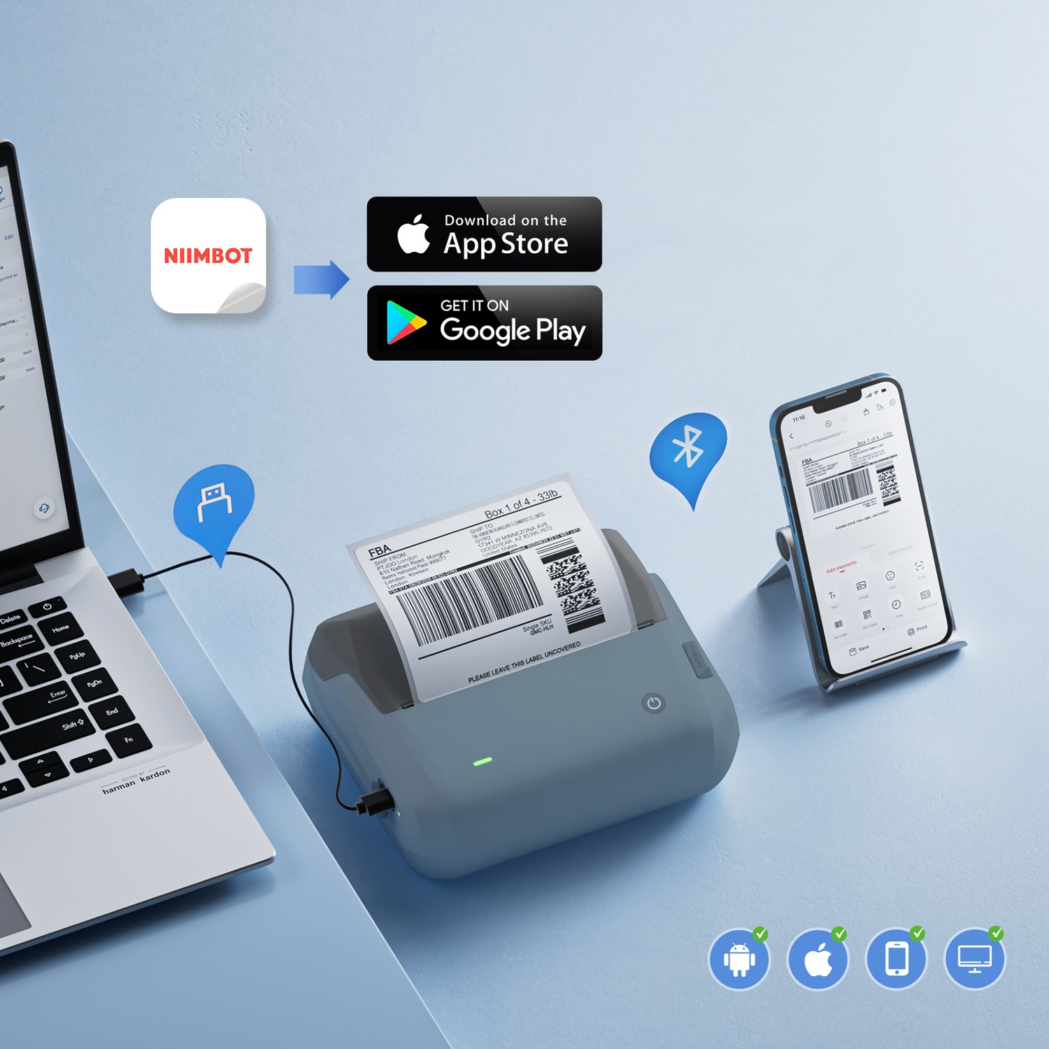 A blue label printer connected to a laptop and smartphone via app, printing an FBA shipping label.