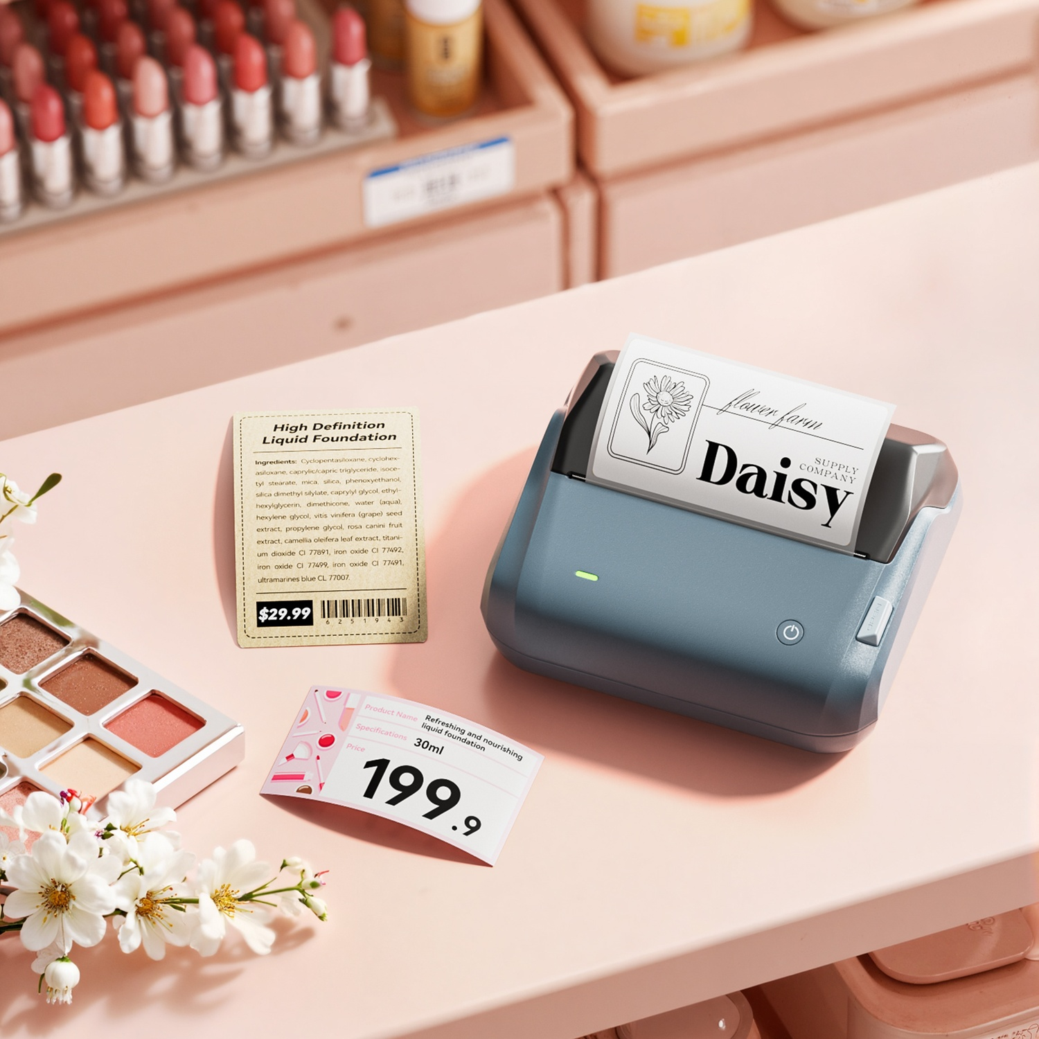 A blue mini printer on a pink table prints labels, next to cosmetics and makeup.