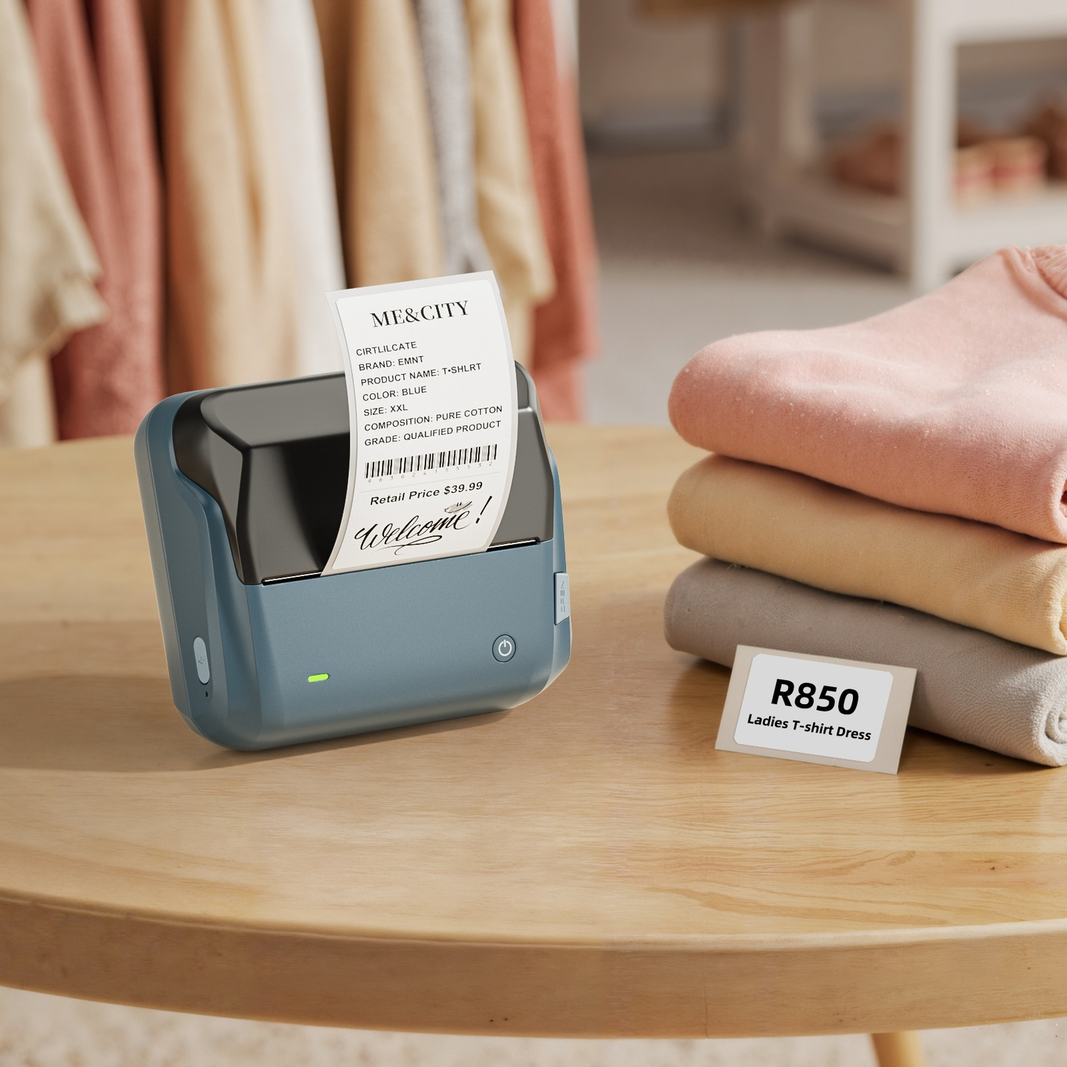 Small blue mini printer with receipt on wooden table next to folded clothes and price tag.