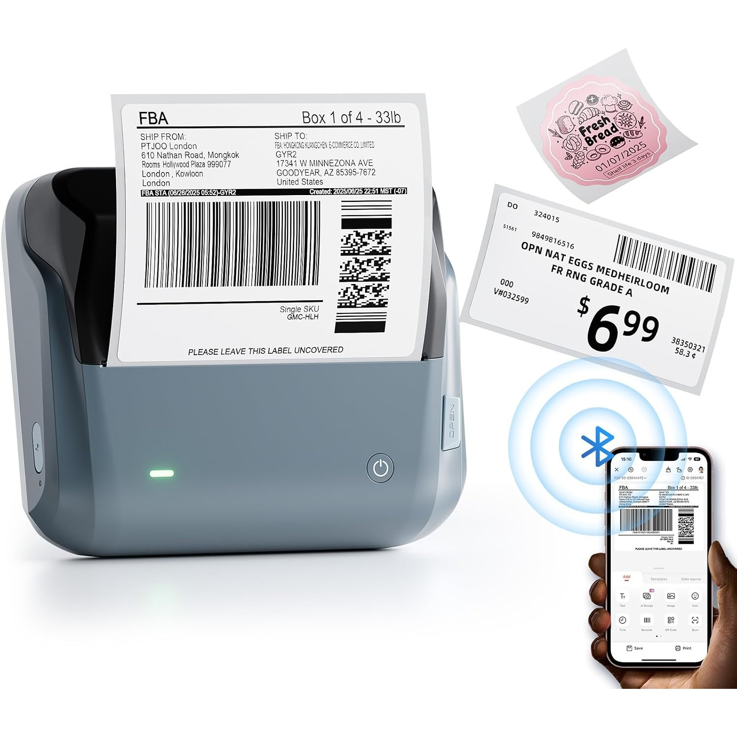 Portable label printer printing a shipping label, connected via Bluetooth to a smartphone.