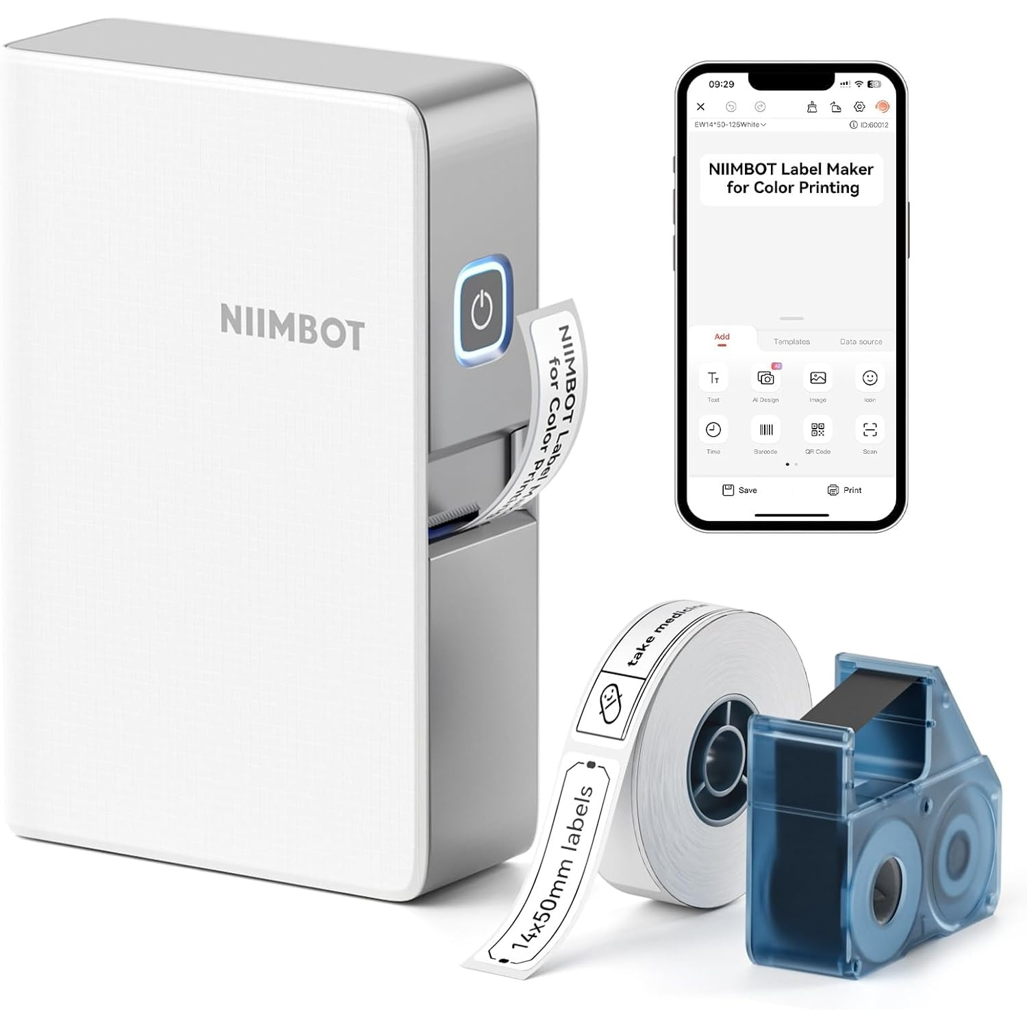 White NIIMBOT label printer with smartphone, label roll, and blue ink cartridge on a white background.