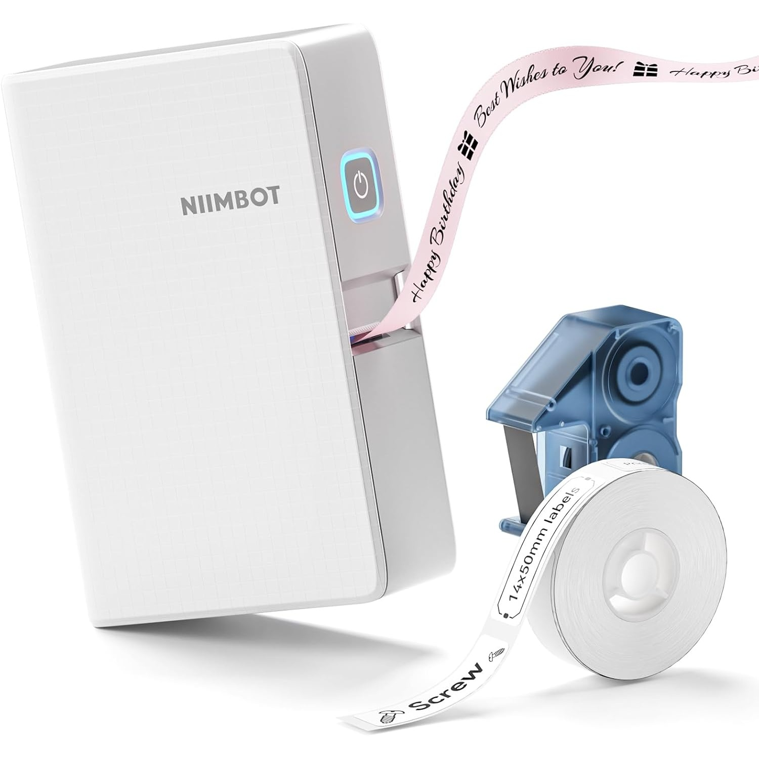 A white Niimbot label printer with a pink printed ribbon and a blue label roll beside it.